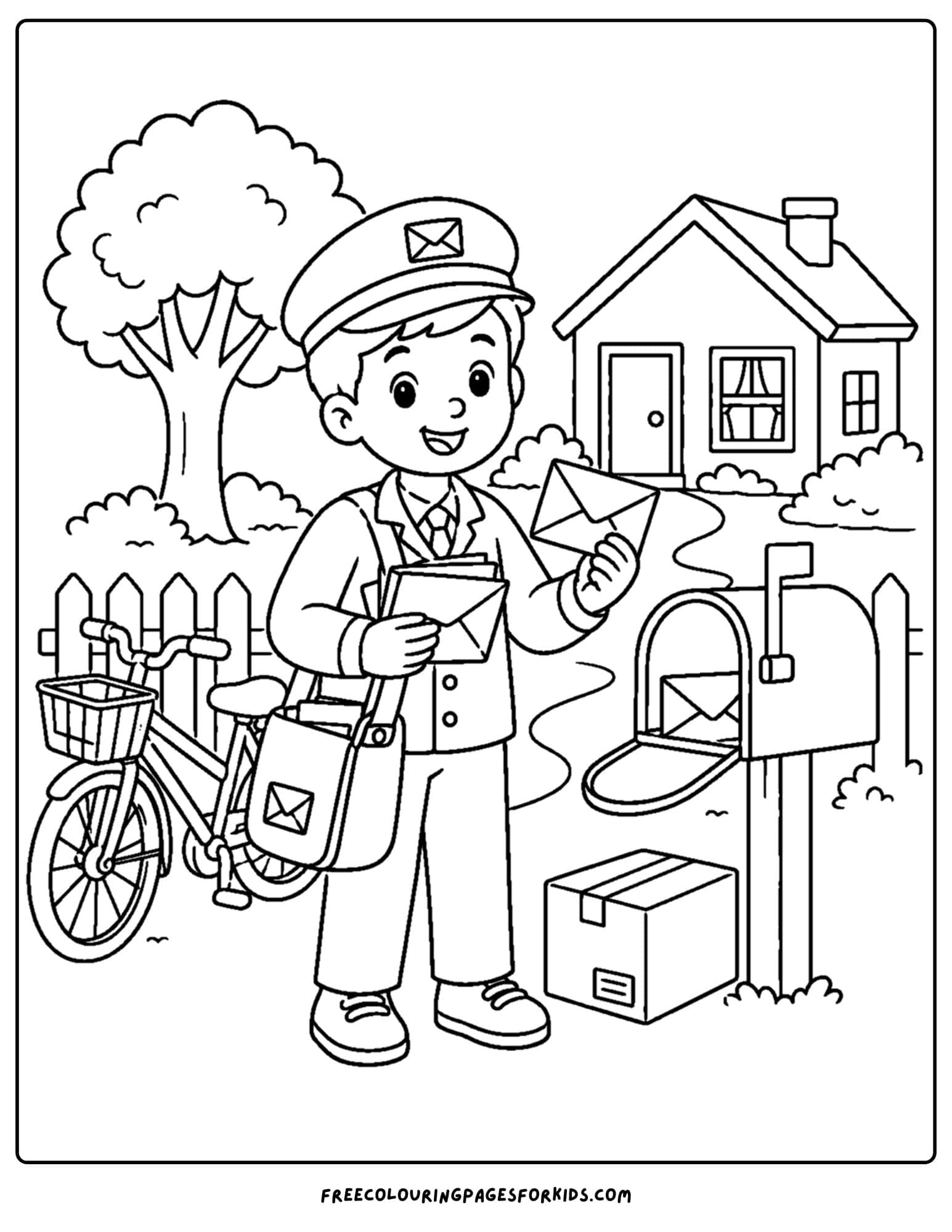 a career coloring page showing a mail carrier or mailman delivering letters