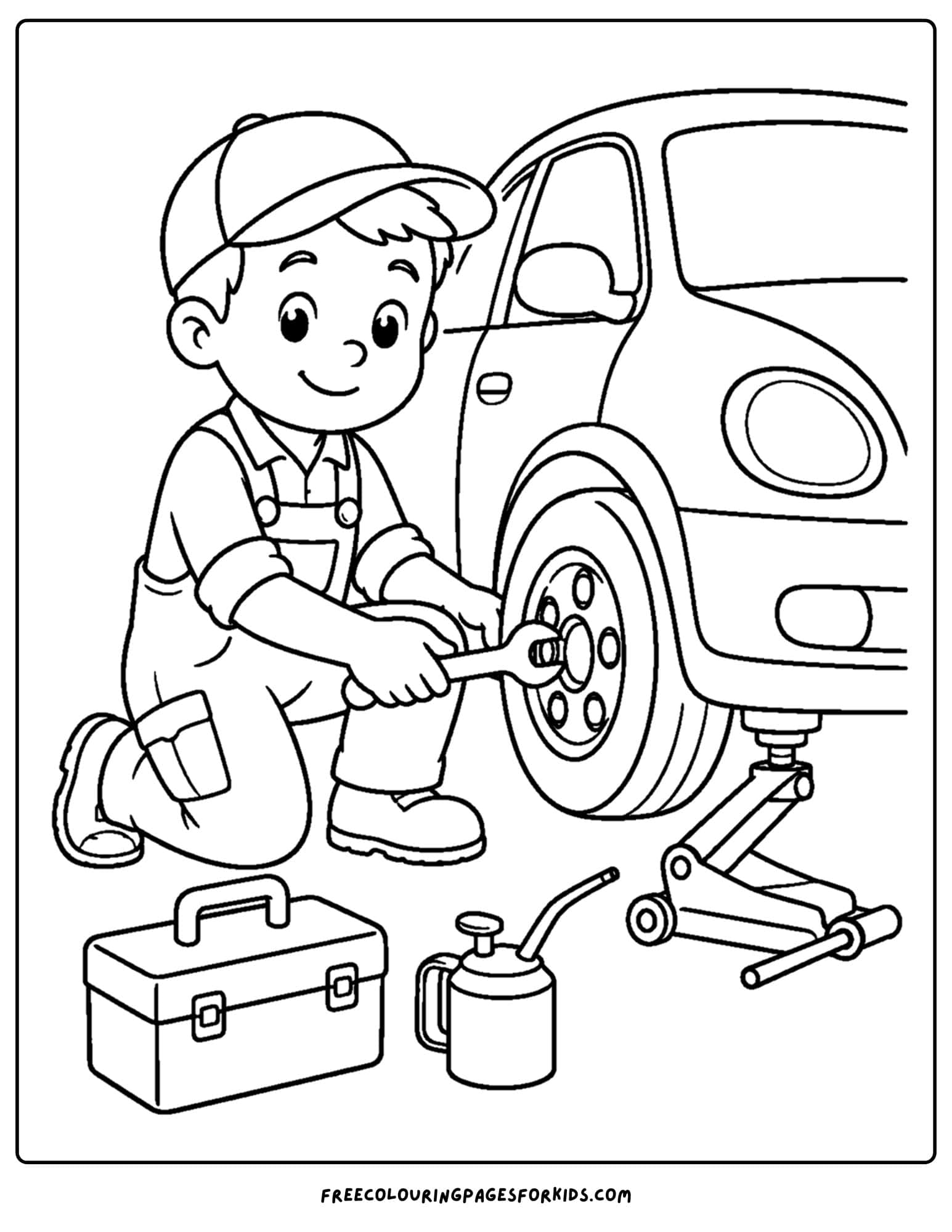 a career coloring page showing a mechanic replacing a car tire