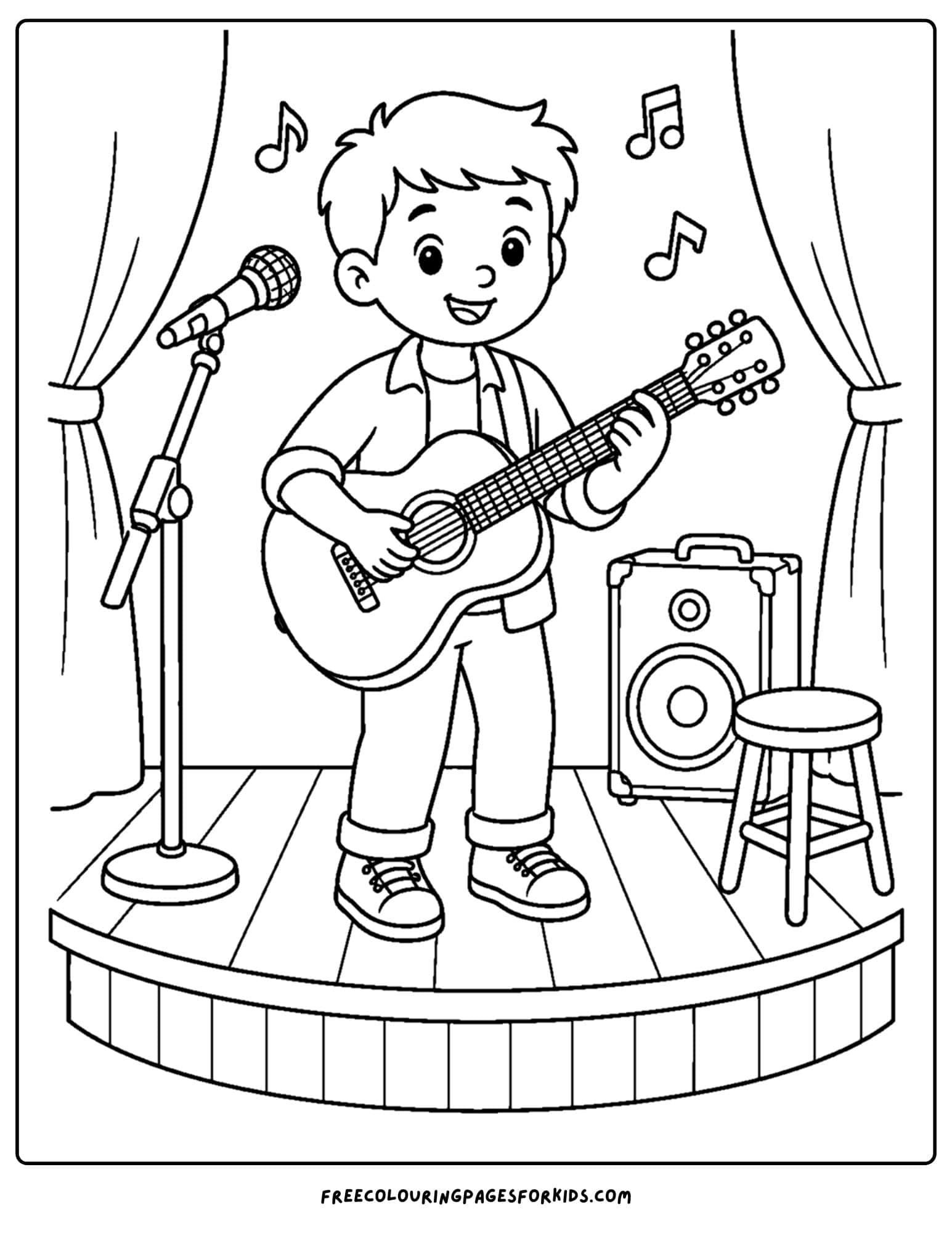 a career coloring page showing a musician performing on stage