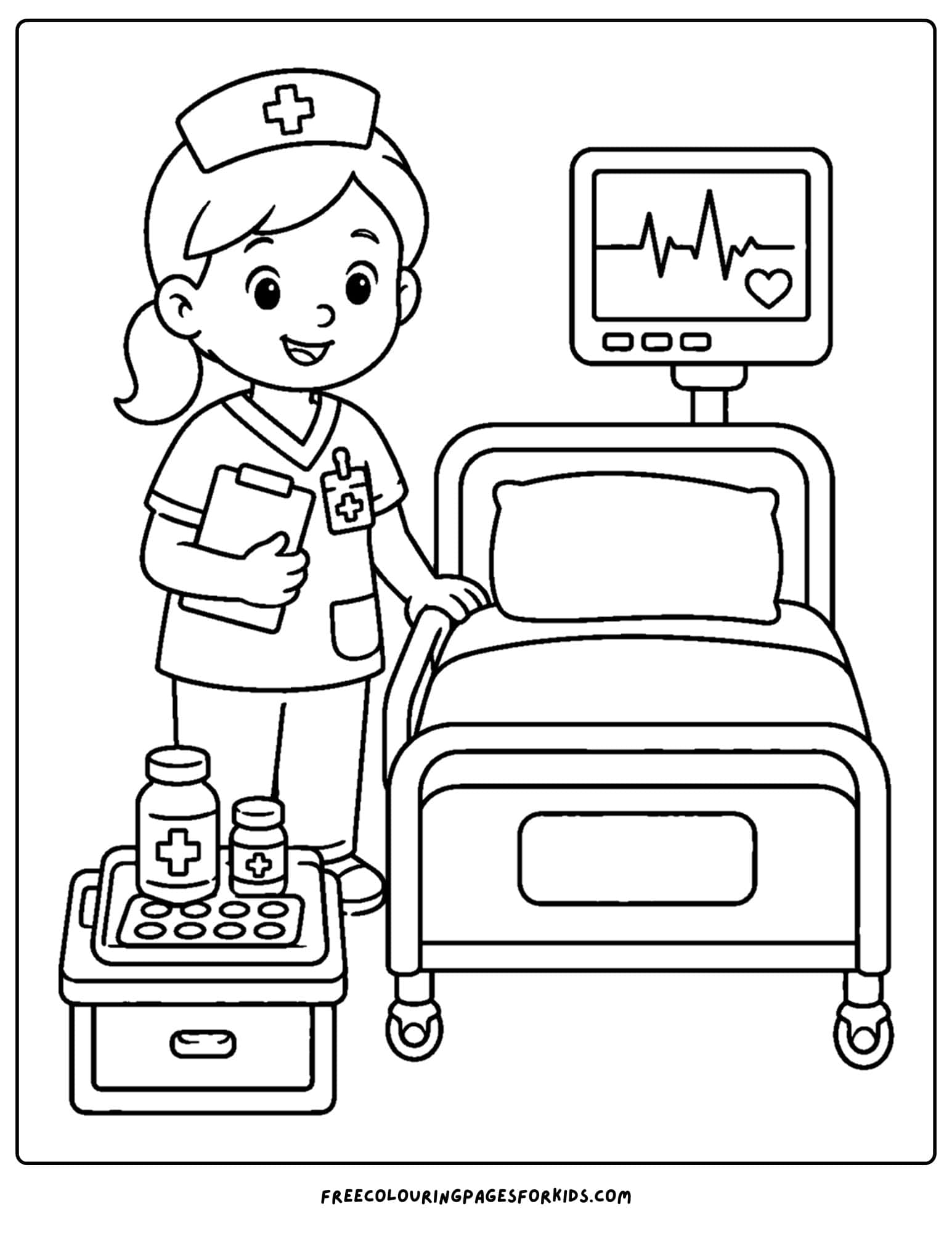 a career coloring page showing a nurse tending to a patient bed
