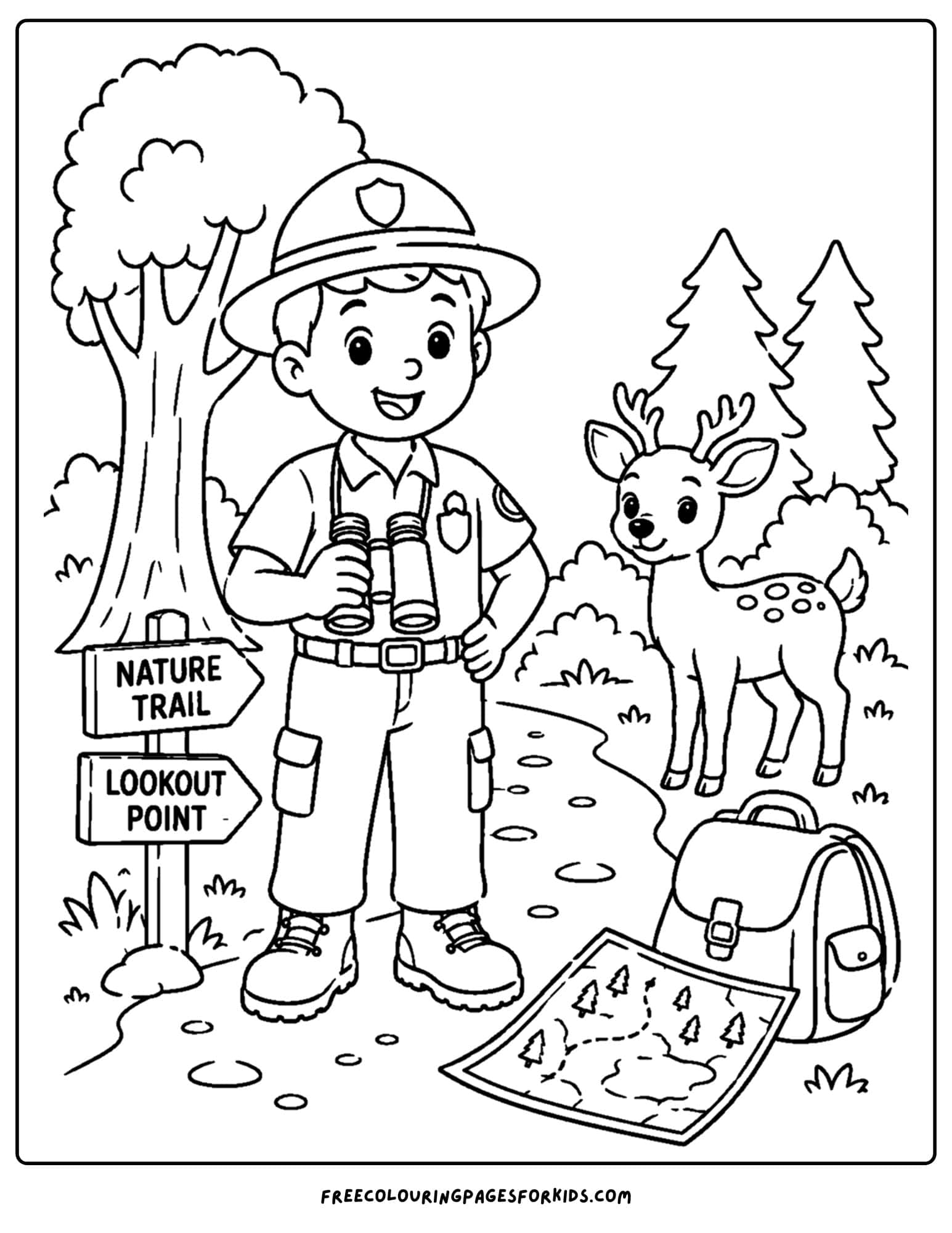 a career coloring page showing a park ranger walking a trail