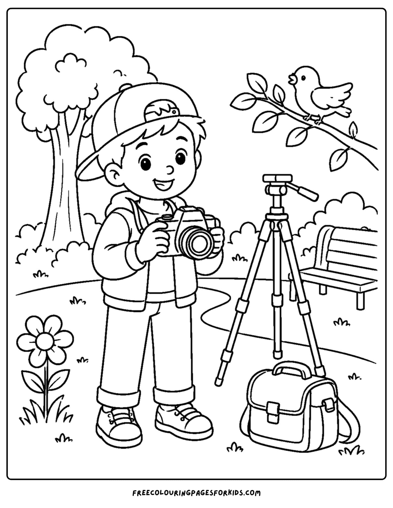 a career coloring page showing a photographer in the park