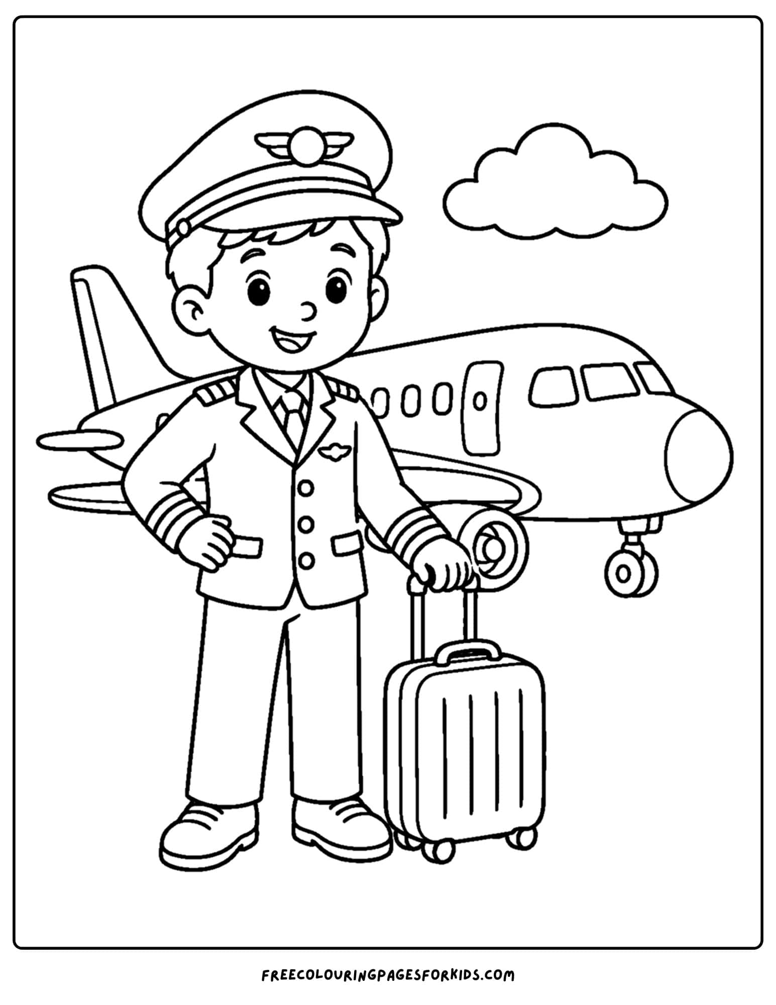 a career coloring page showing a pilot with an airplane