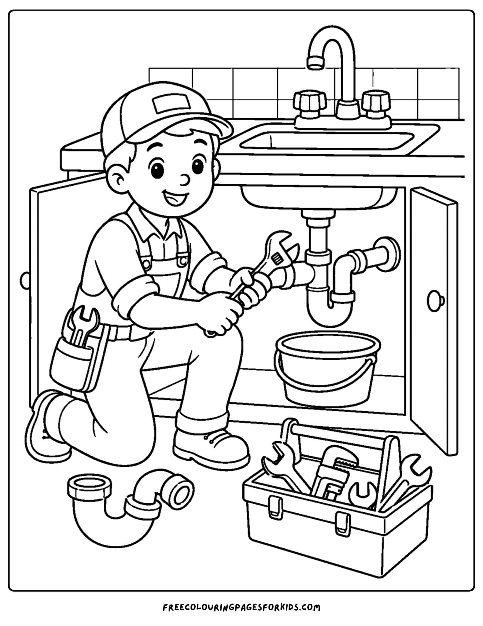 a career coloring page showing a plumber repairing a sink
