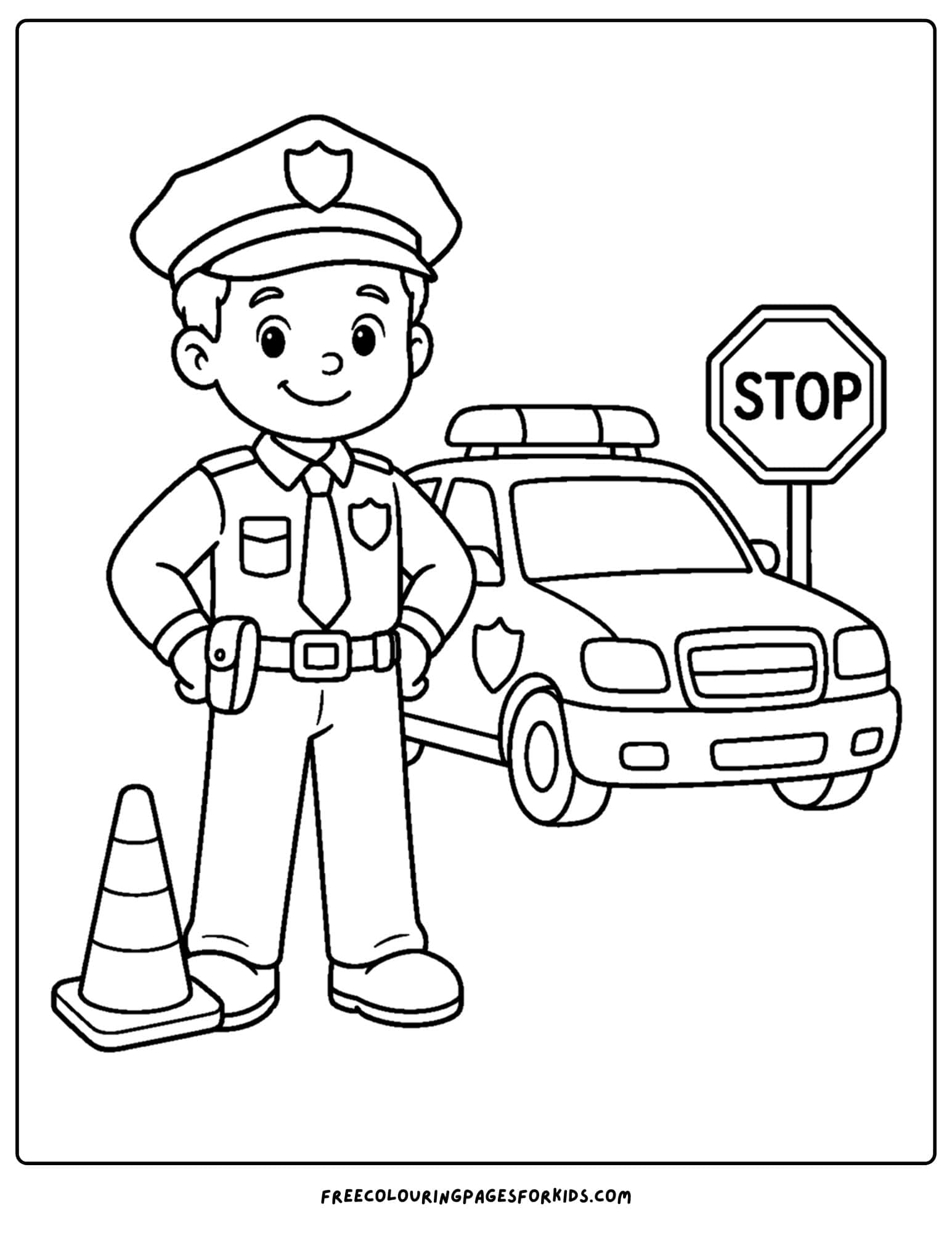 a career coloring page showing a police officer with their patrol car