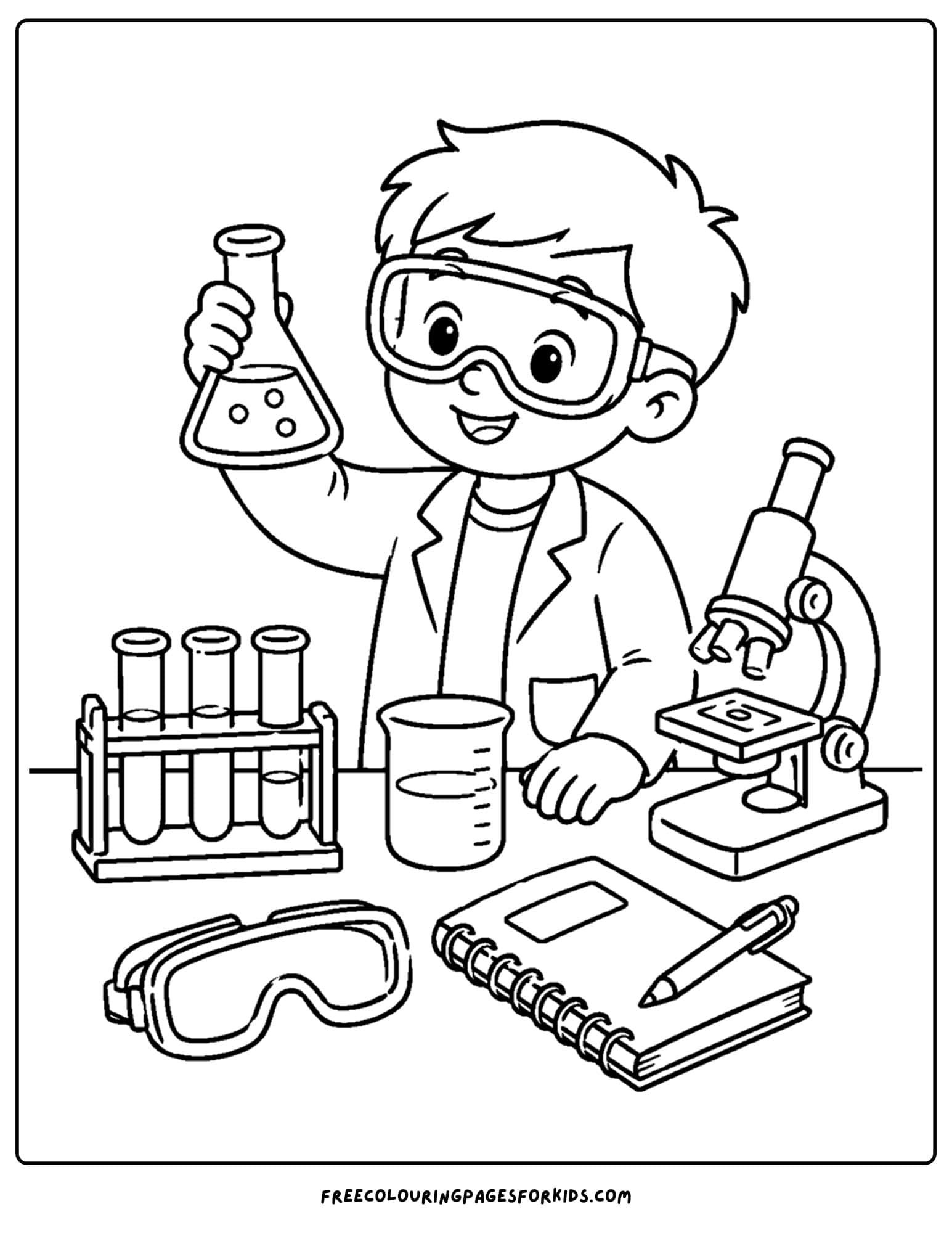 a career coloring page showing a scientist in the lab
