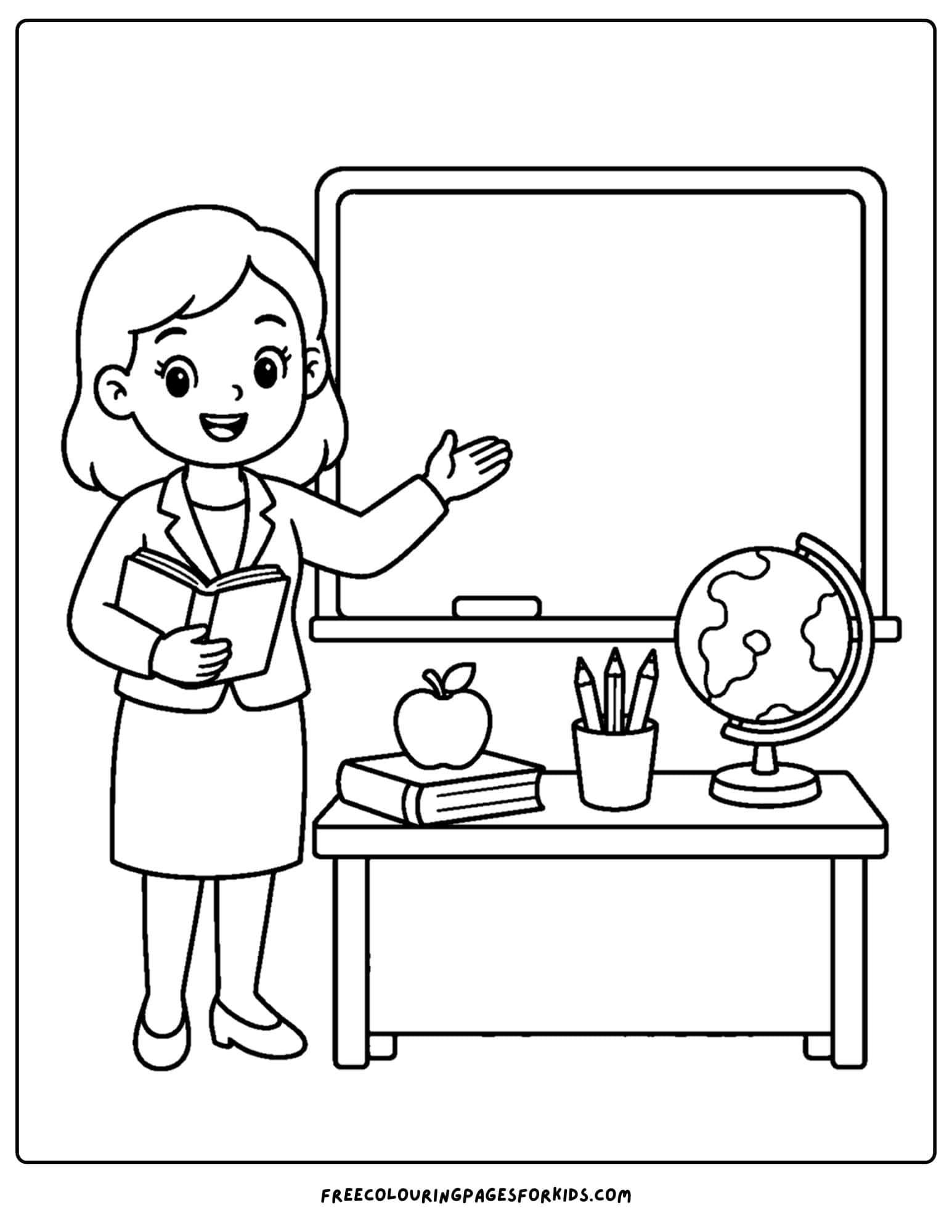 a career coloring page showing a teacher in a classroom