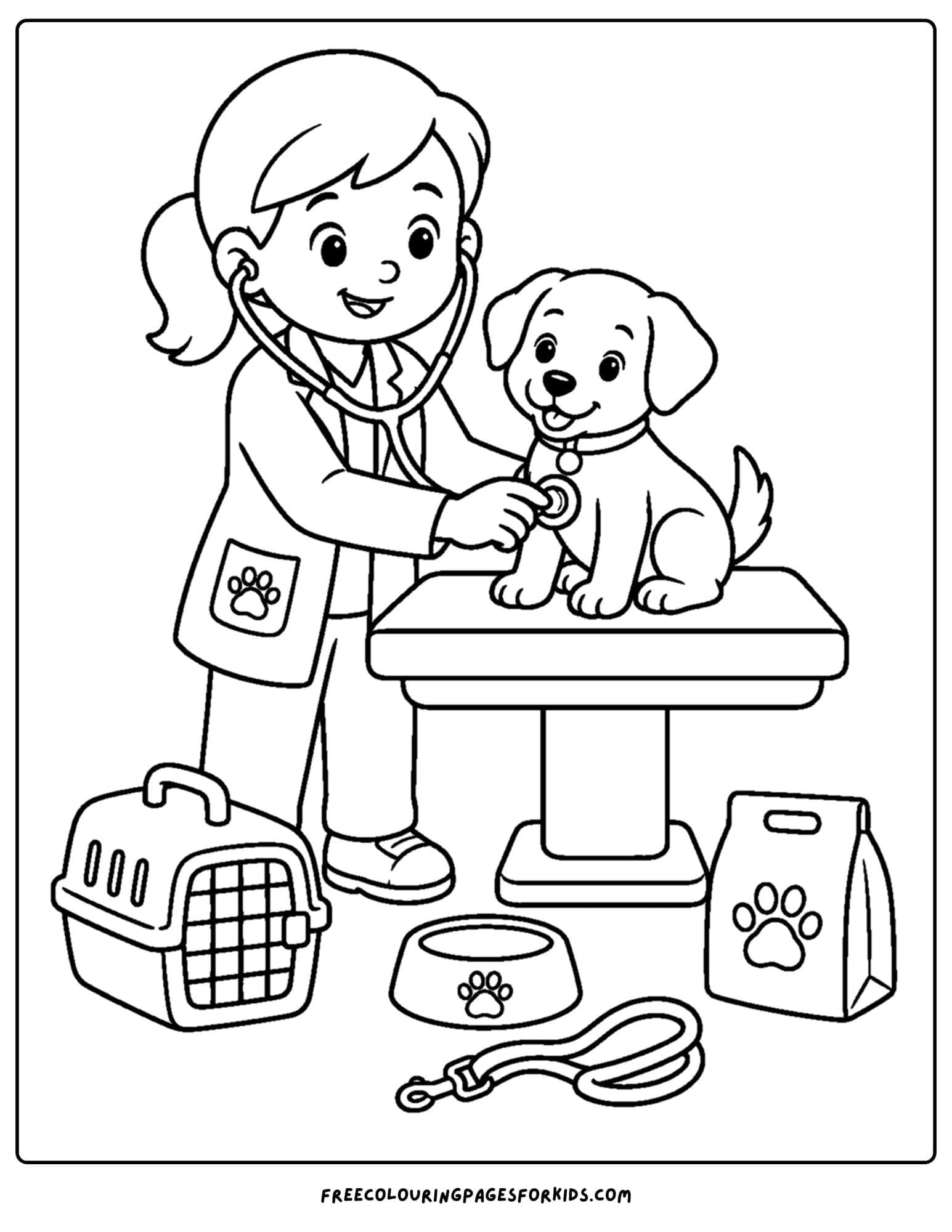 a career coloring page showing a veterinarian treating a puppy