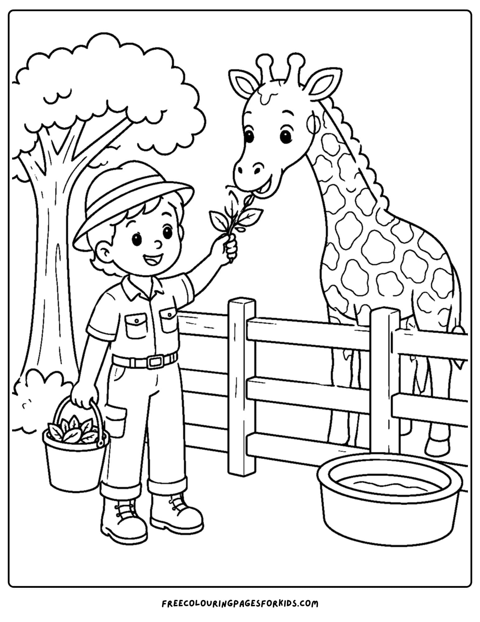 a career coloring page showing a zookeeper feeding a giraffe
