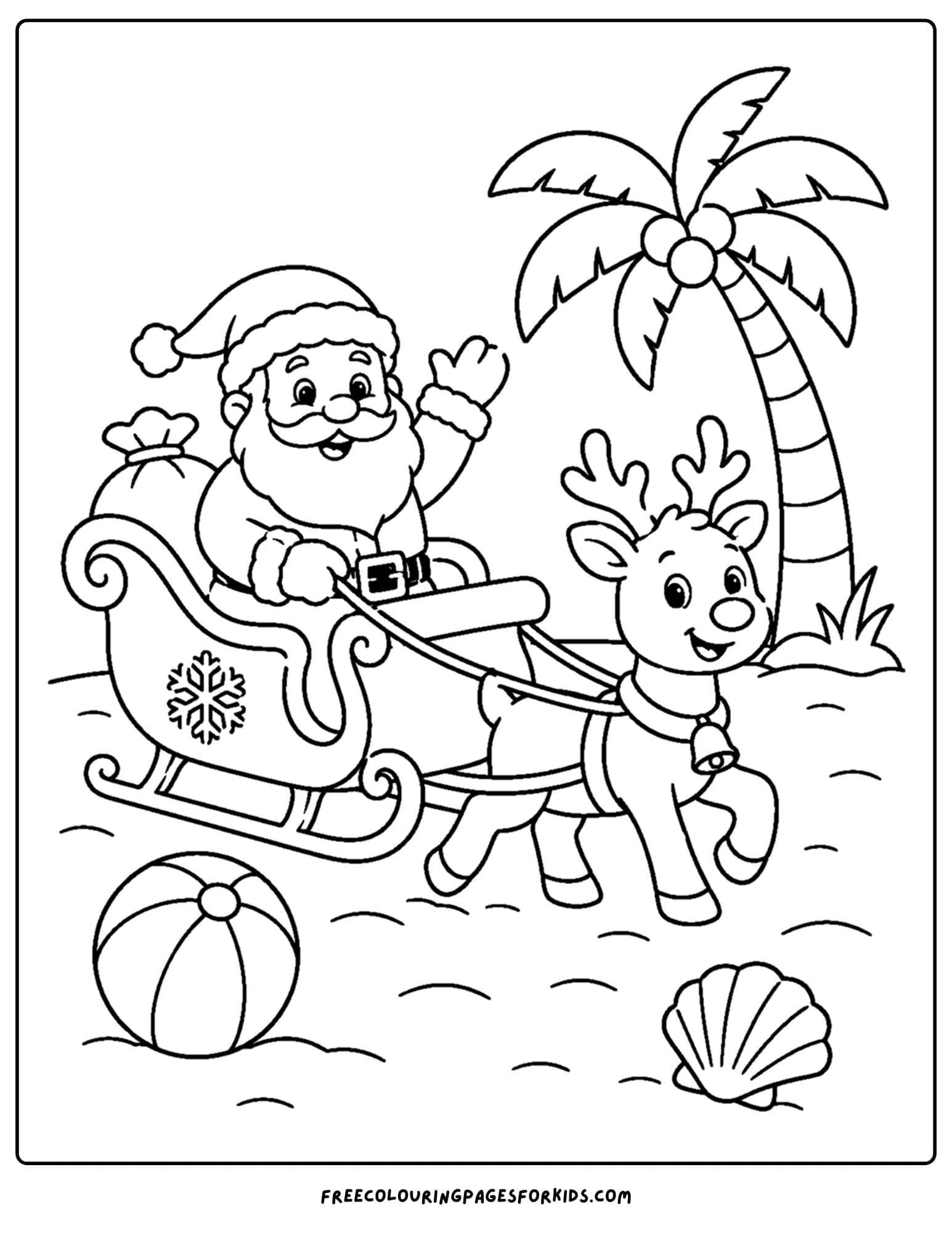 a christmas in july coloring page of santa and his sleigh landing on the beach