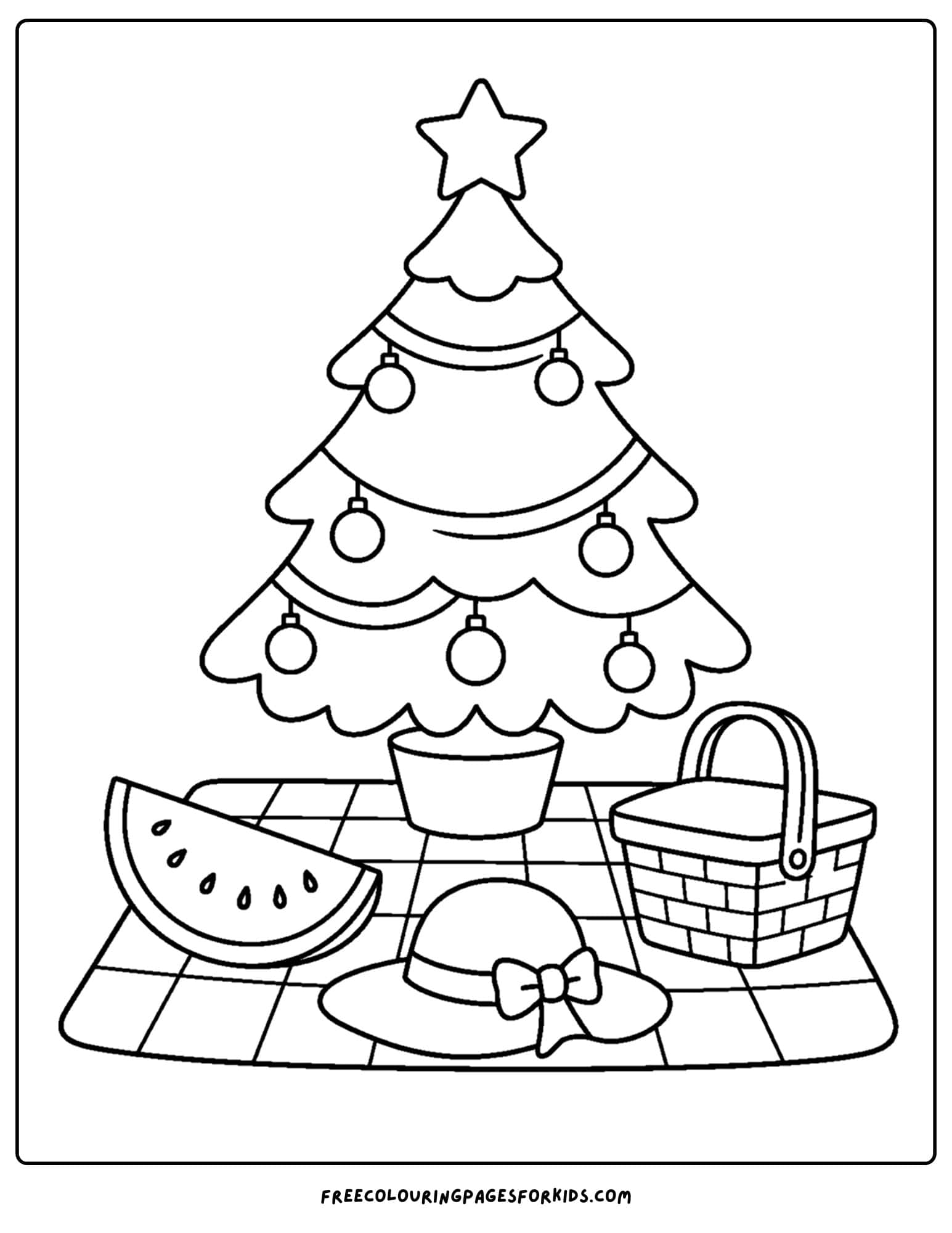 a christmas in july coloring page of a christmas tree picnic setting