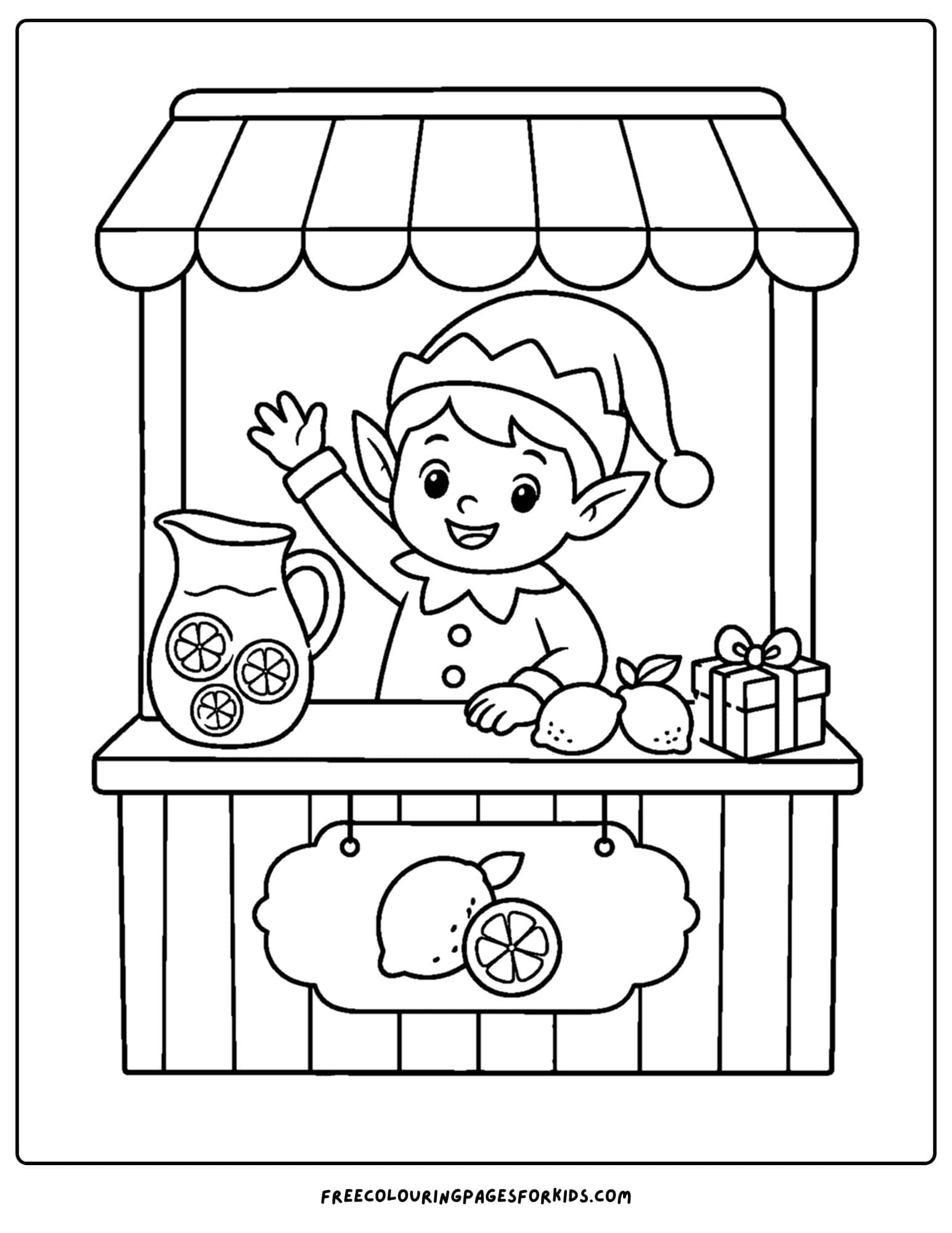 a christmas in july coloring page of an elf running a lemonade stand