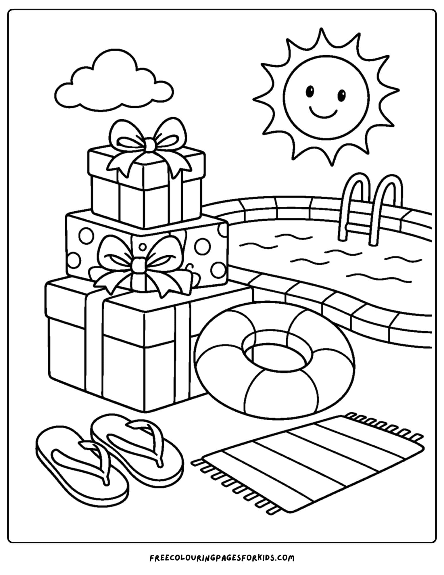 a christmas in july coloring page of christmas presents beside the pool