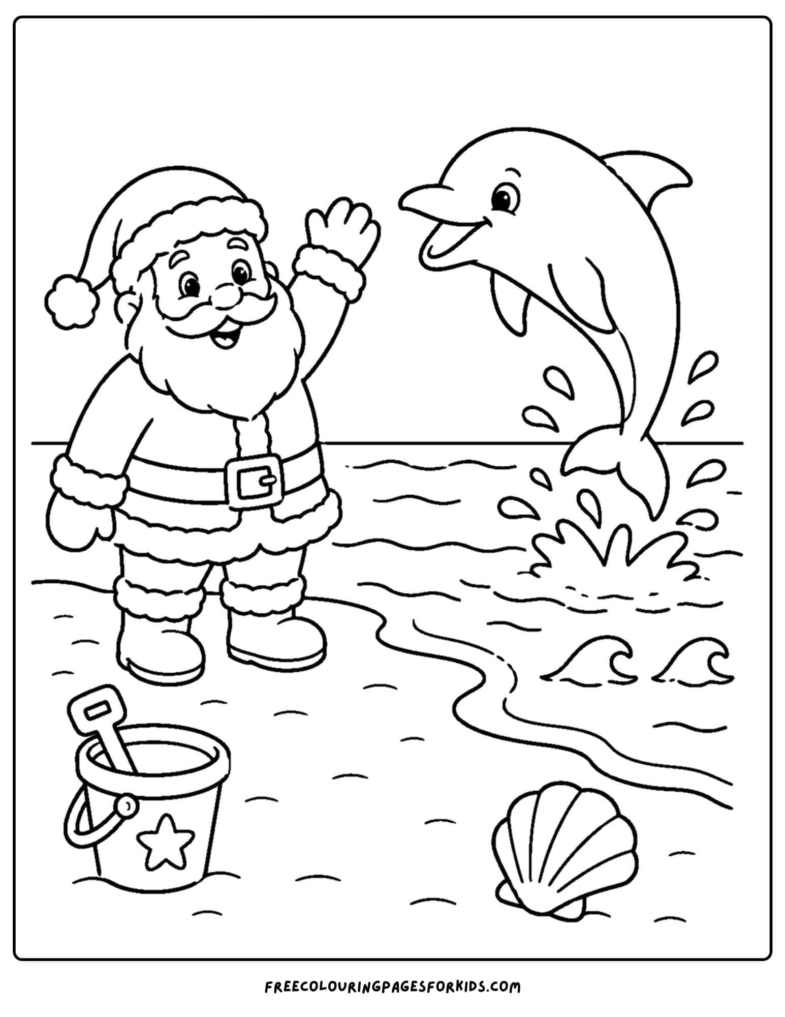 a christmas in july coloring page of santa at the beach watching a dolphin jump from the water