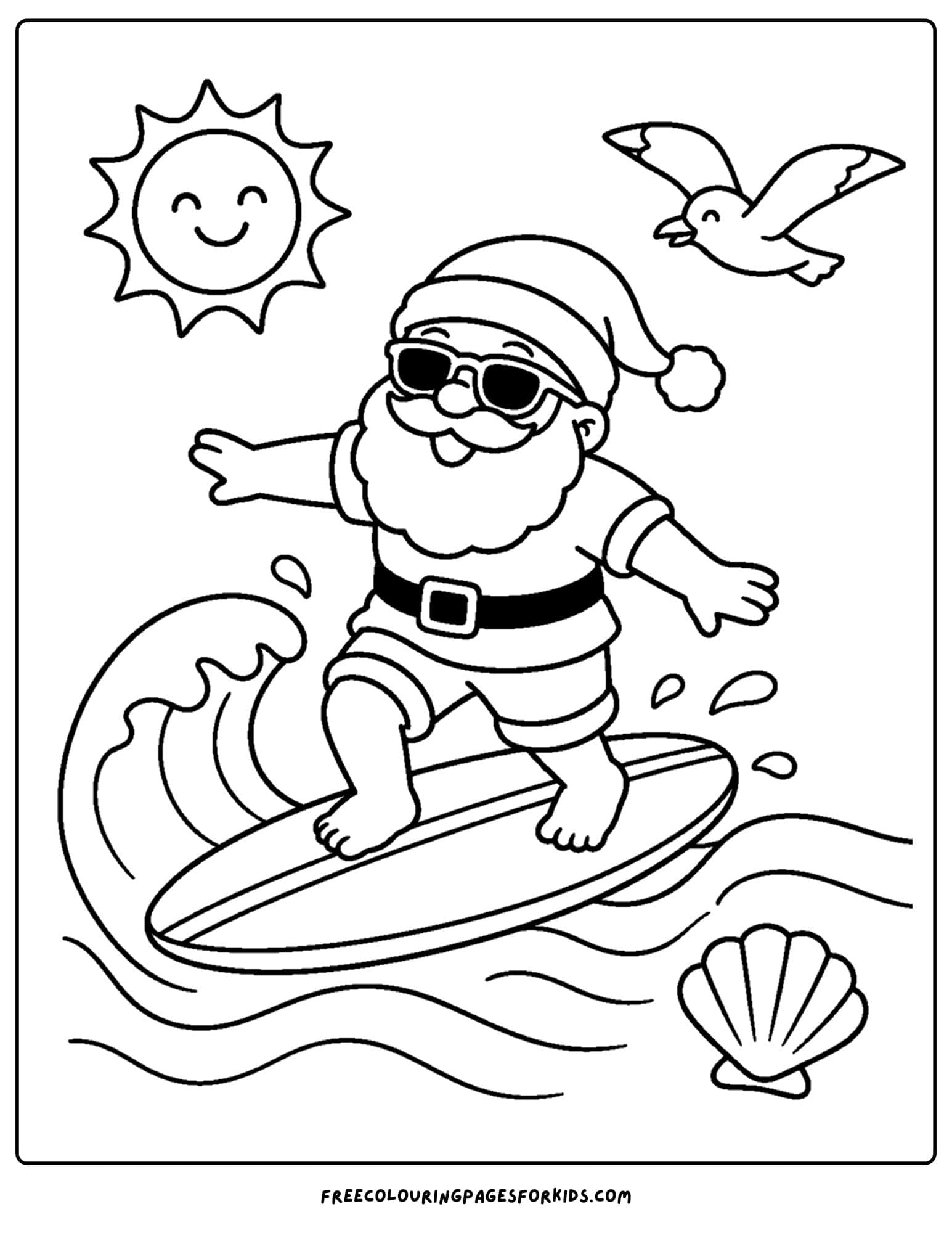 a christmas in july coloring page of a santa surfing waves