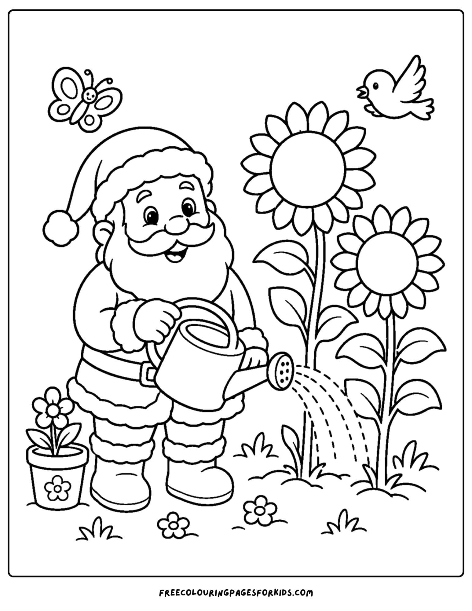 a christmas in july coloring page of a santa watering sunflowers