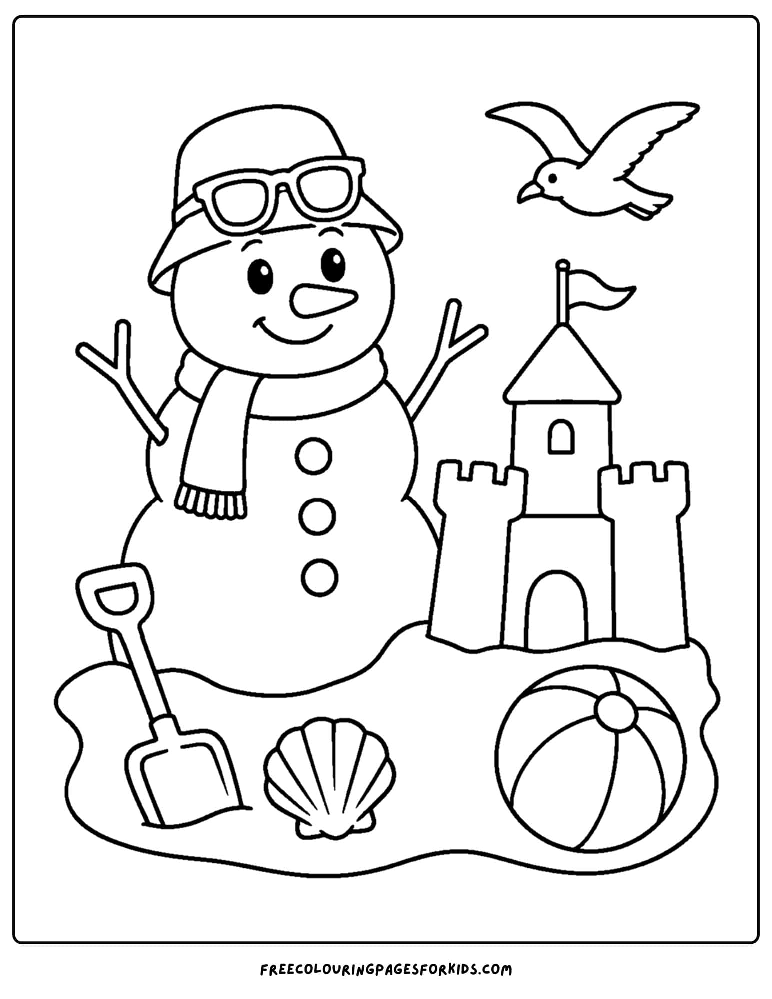 a christmas in july coloring page of a snowman making a sandcastle
