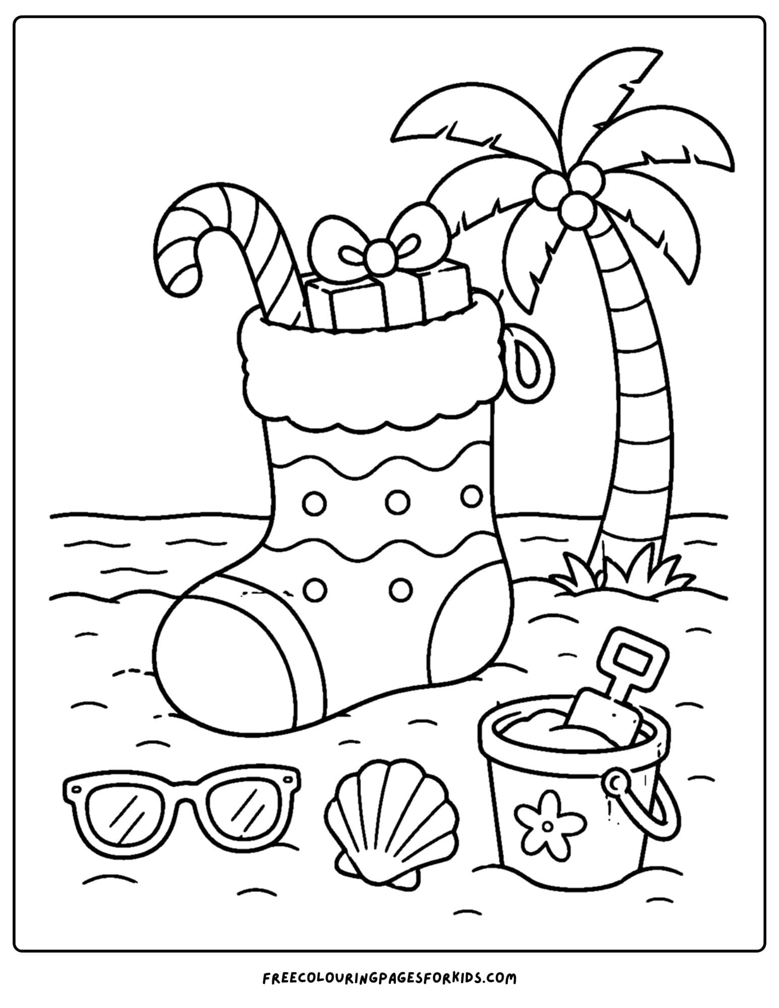 a christmas in july coloring page of a stocking on the sand at the beach