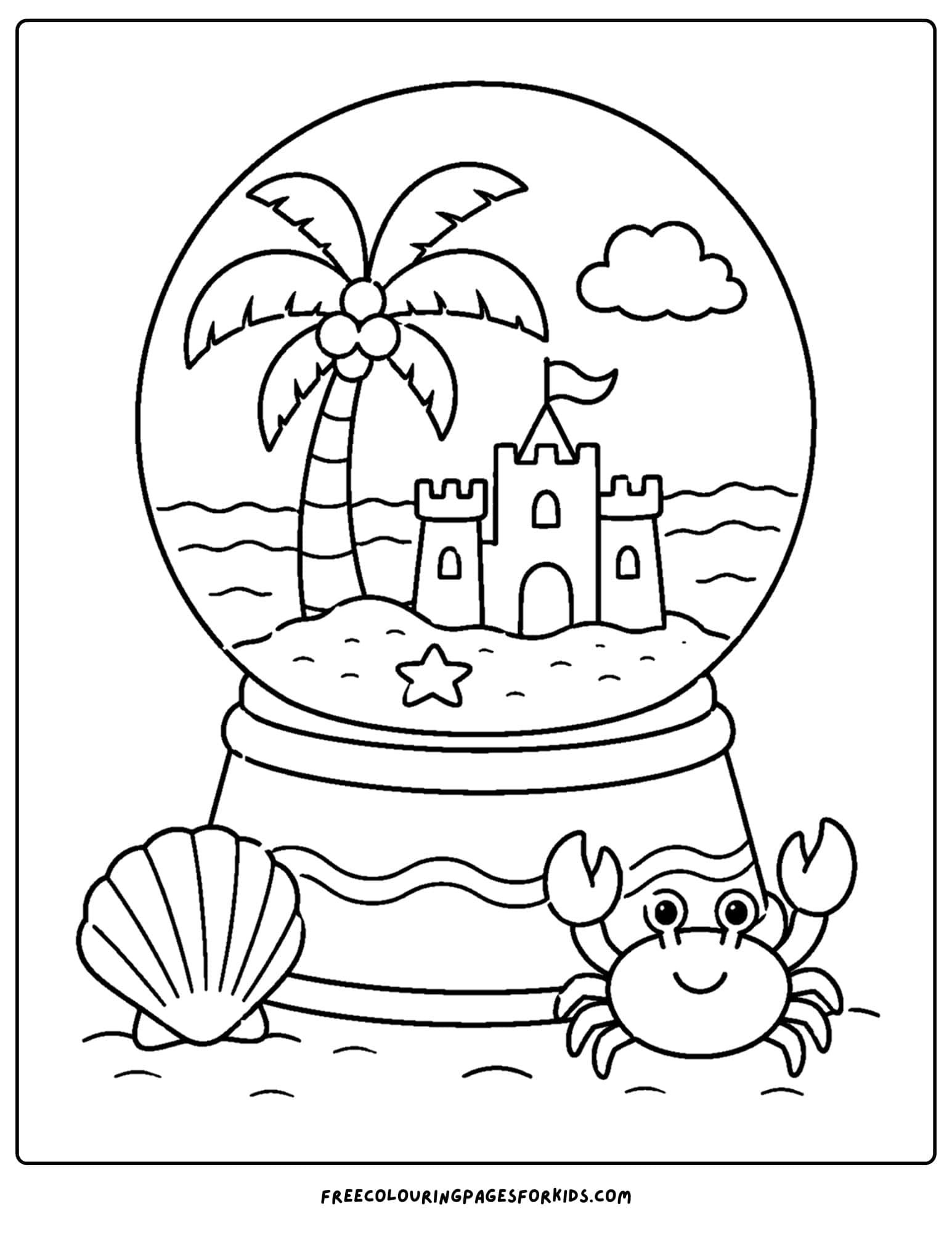 a christmas in july coloring page of a snowglobe with a summer scene inside it
