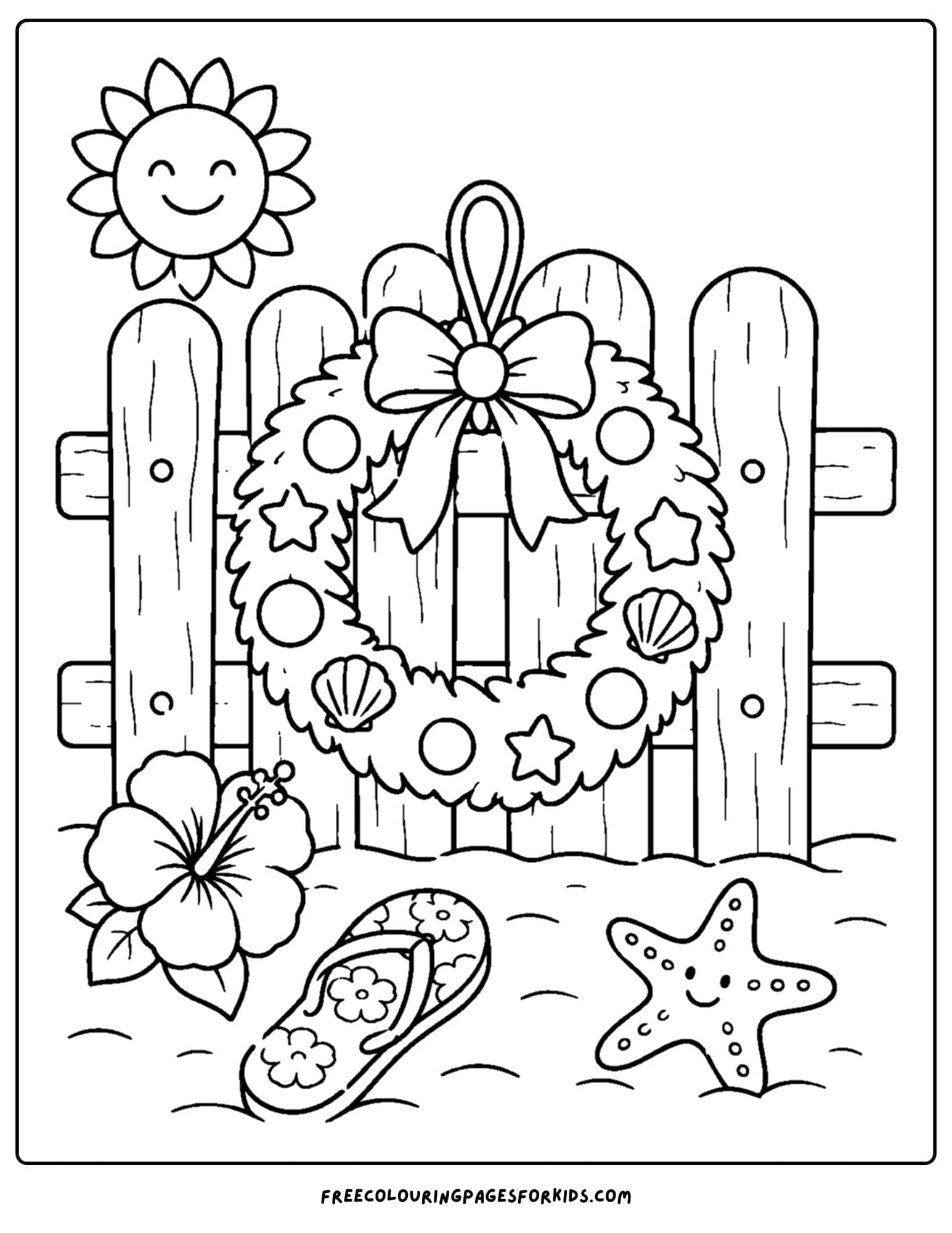 a christmas in july coloring page of a wreath hanging on a beach fence