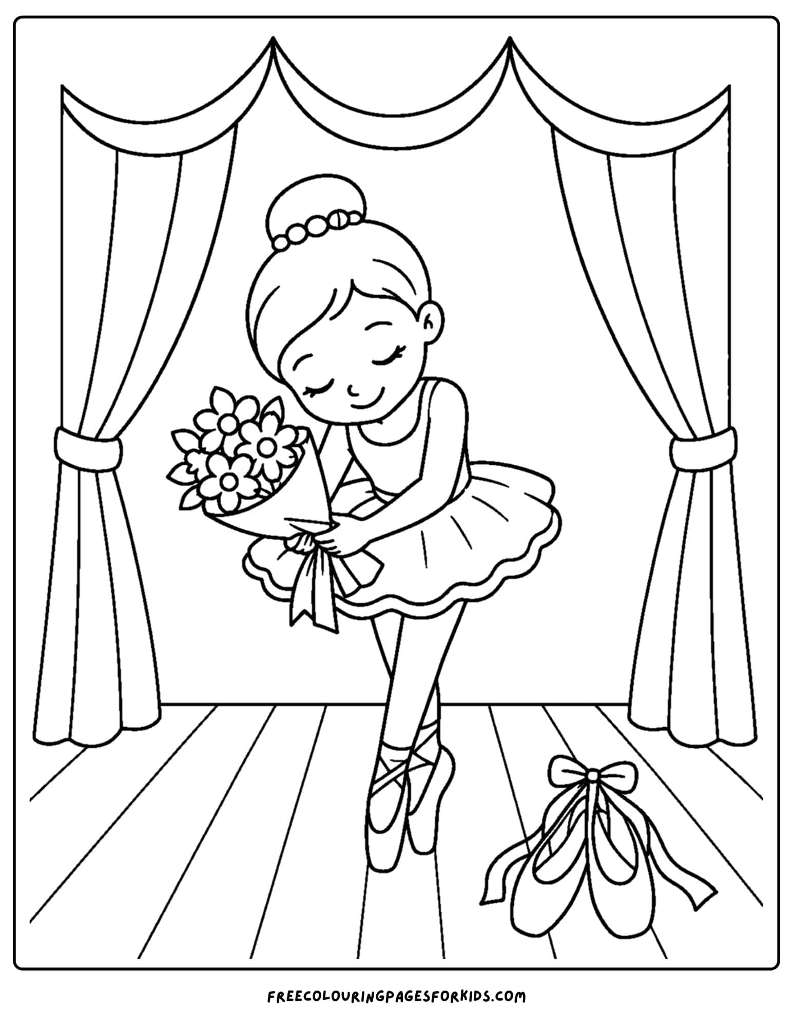 a dancing themed coloring page showing a ballerina at the curtain call