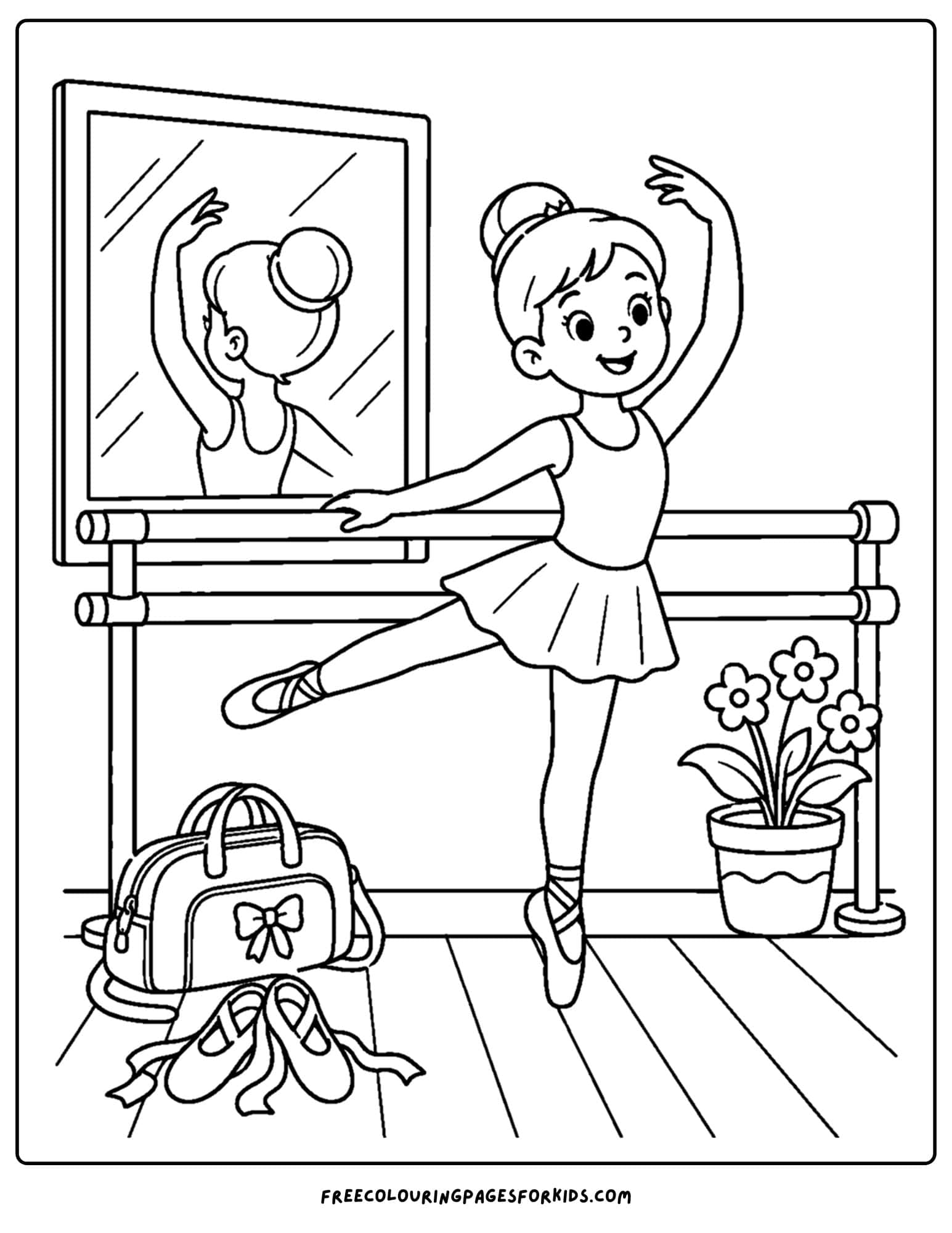a dancing themed coloring page showing a ballerina warming up