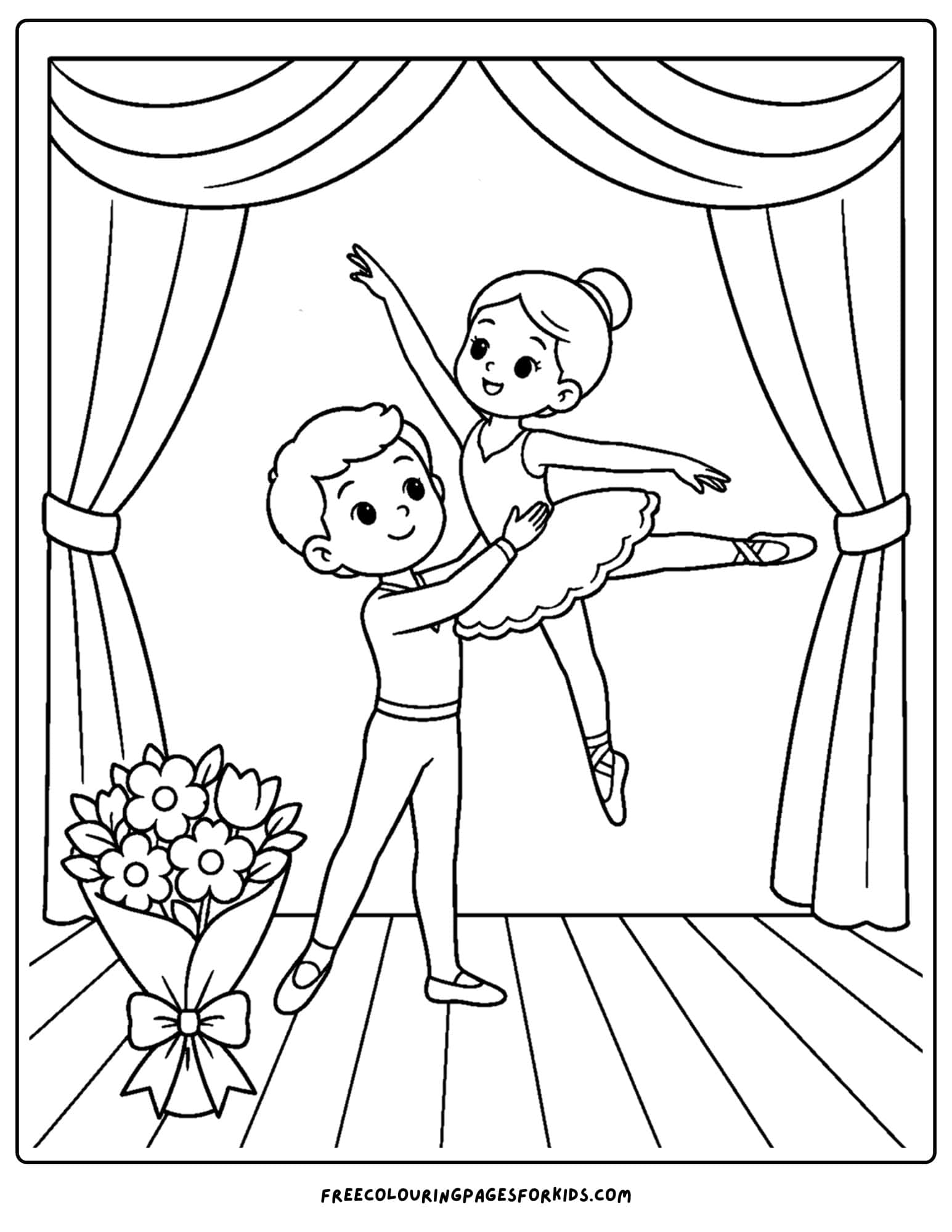 a dancing themed coloring page showing a ballet performance