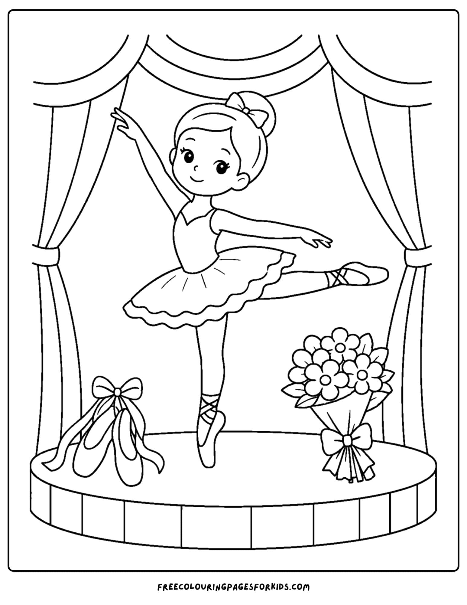 a dancing themed coloring page showing a ballerina twirling on stage