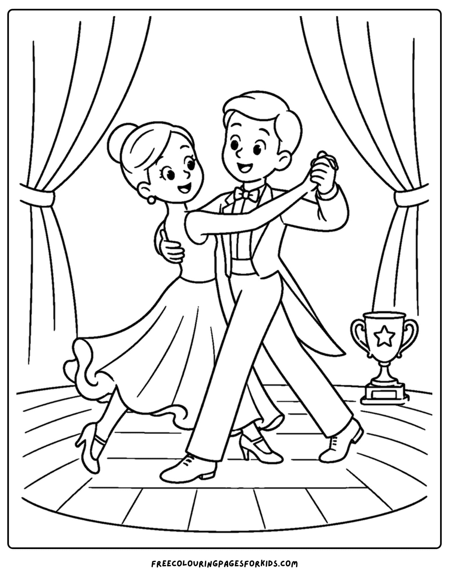 a dancing themed coloring page showing a couple ballroom dancing