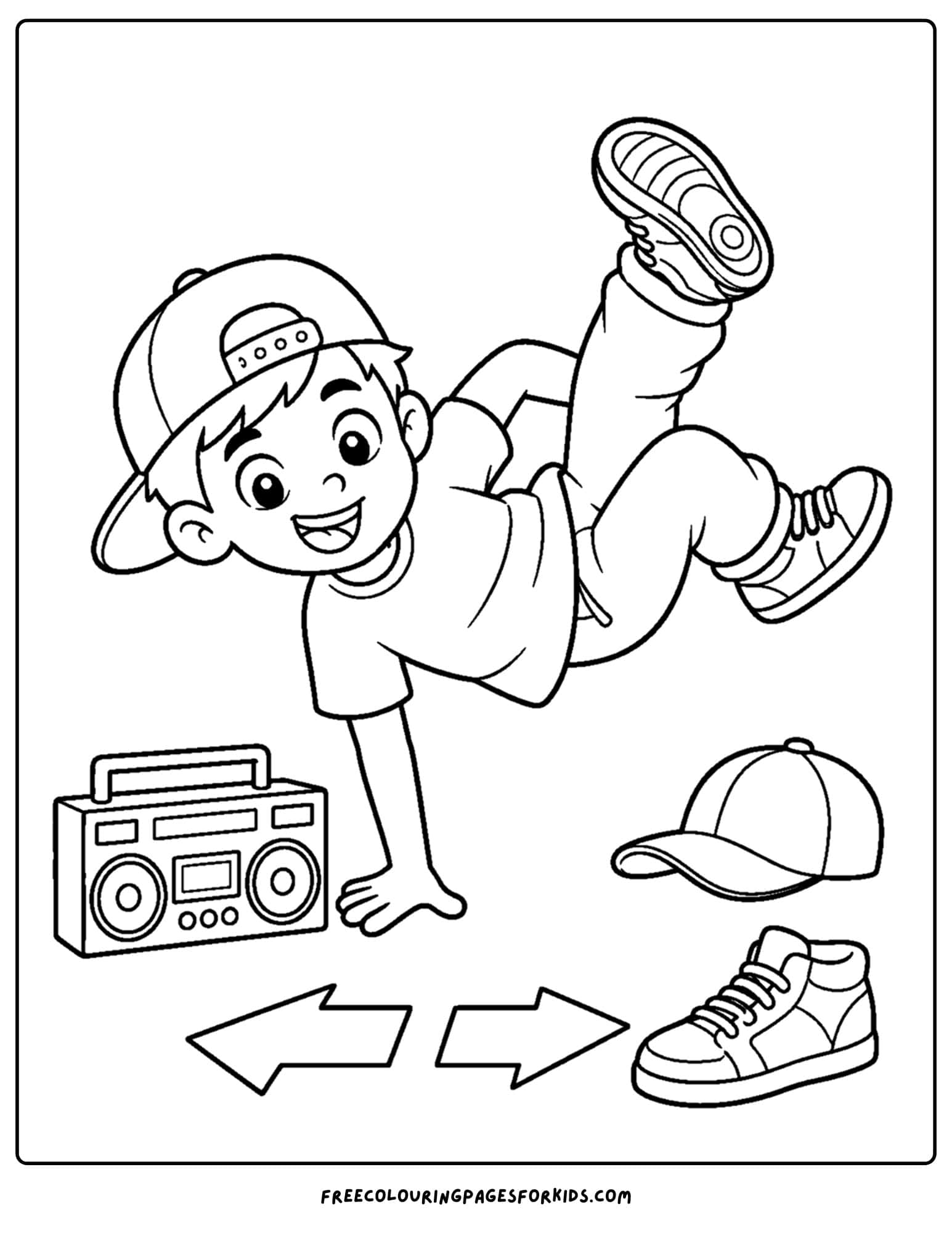a dancing themed coloring page showing a child doing a breakdance pose