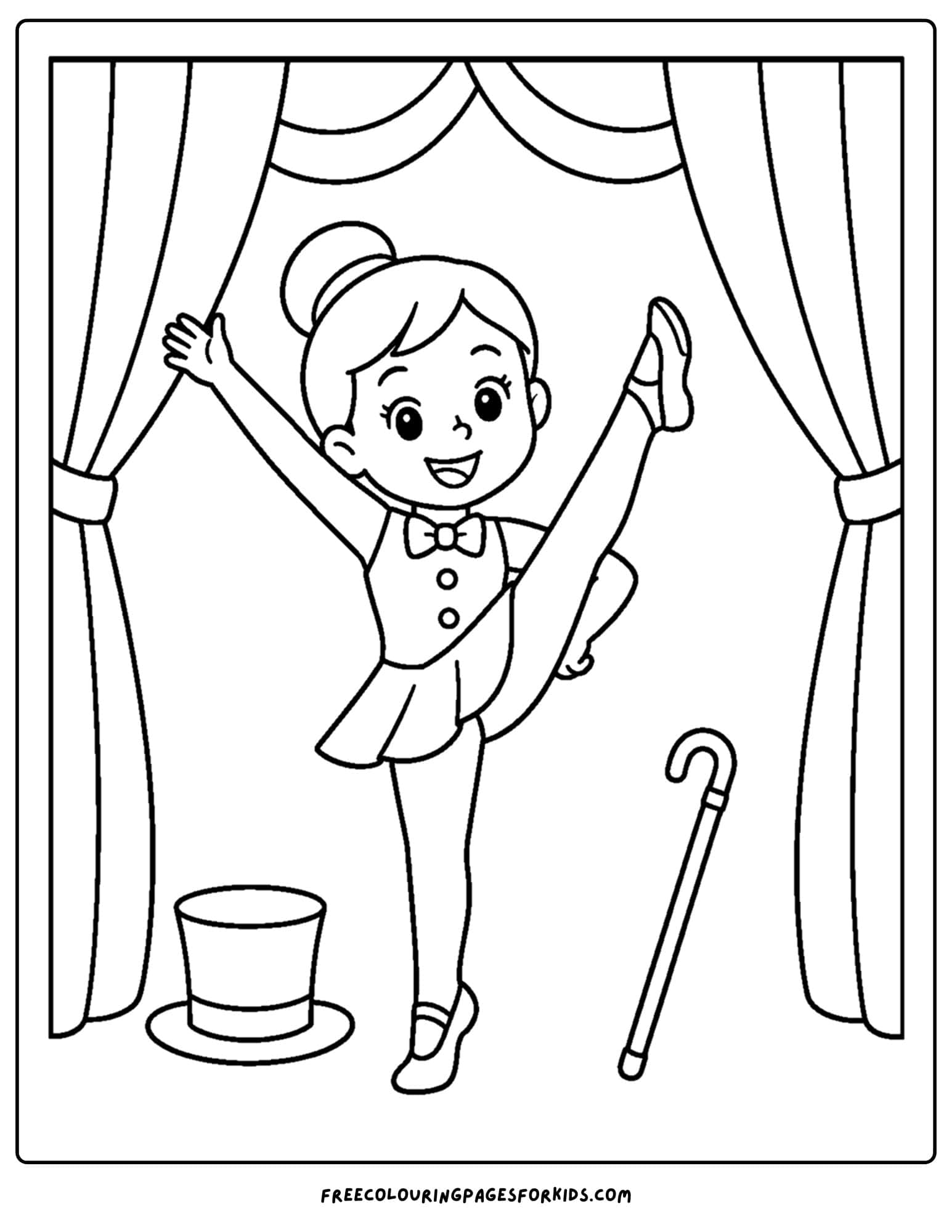 a dancing themed coloring page showing a broadway performer doing a high kick