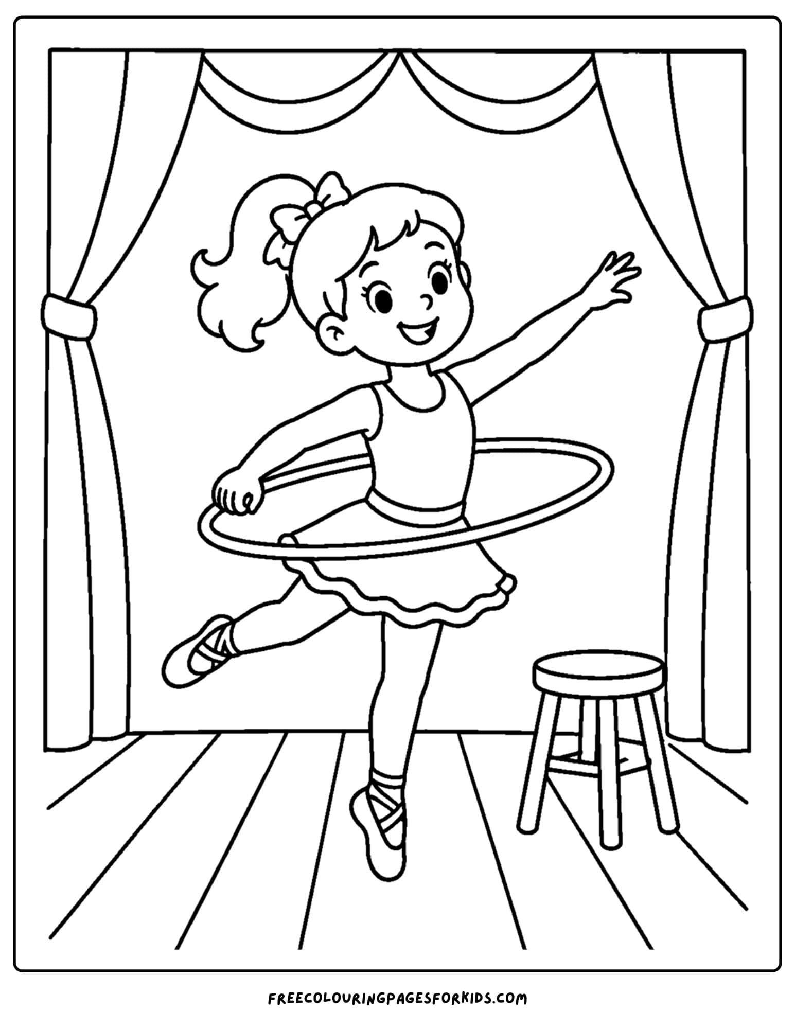 a dancing themed coloring page showing a circus dancer with a hula hoop
