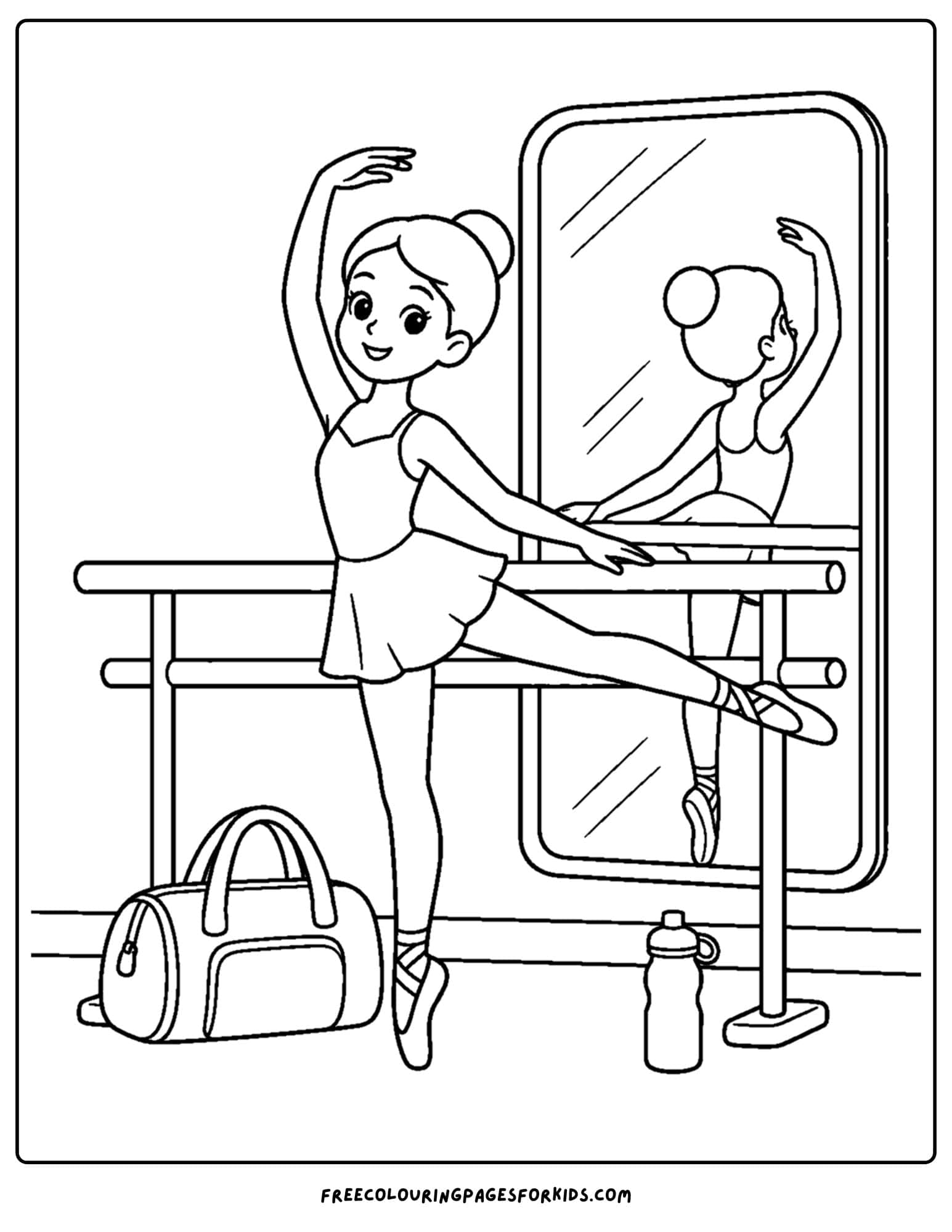 a dancing themed coloring page showing a ballet dancer warming up