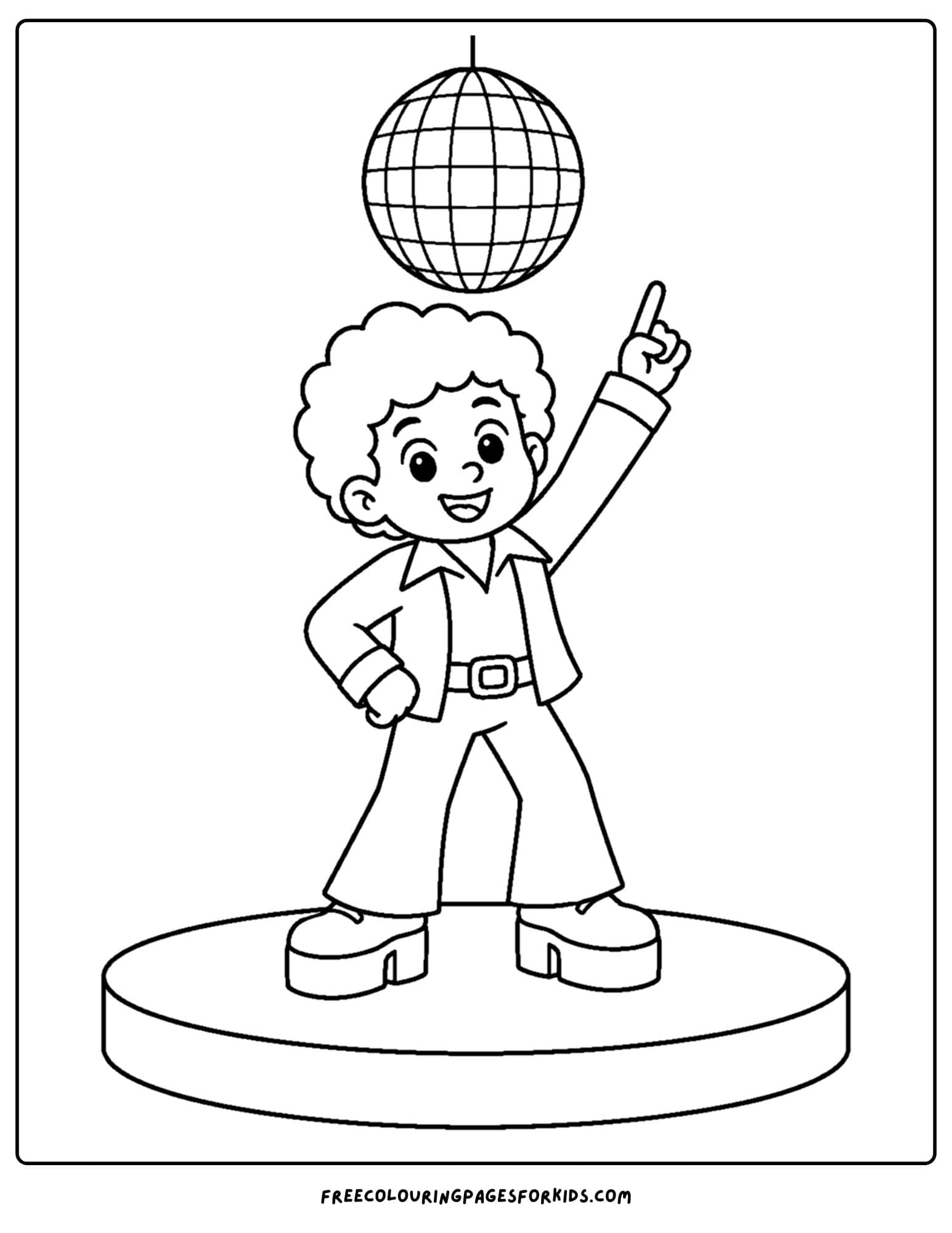 a dancing themed coloring page showing a disco dancer under a disco ball