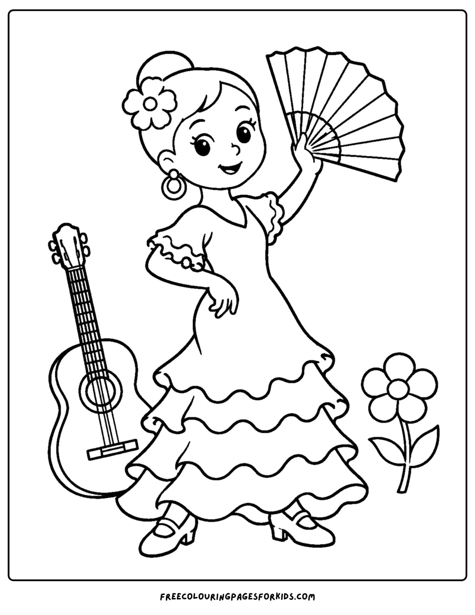 a dancing themed coloring page showing a flamenco dancer