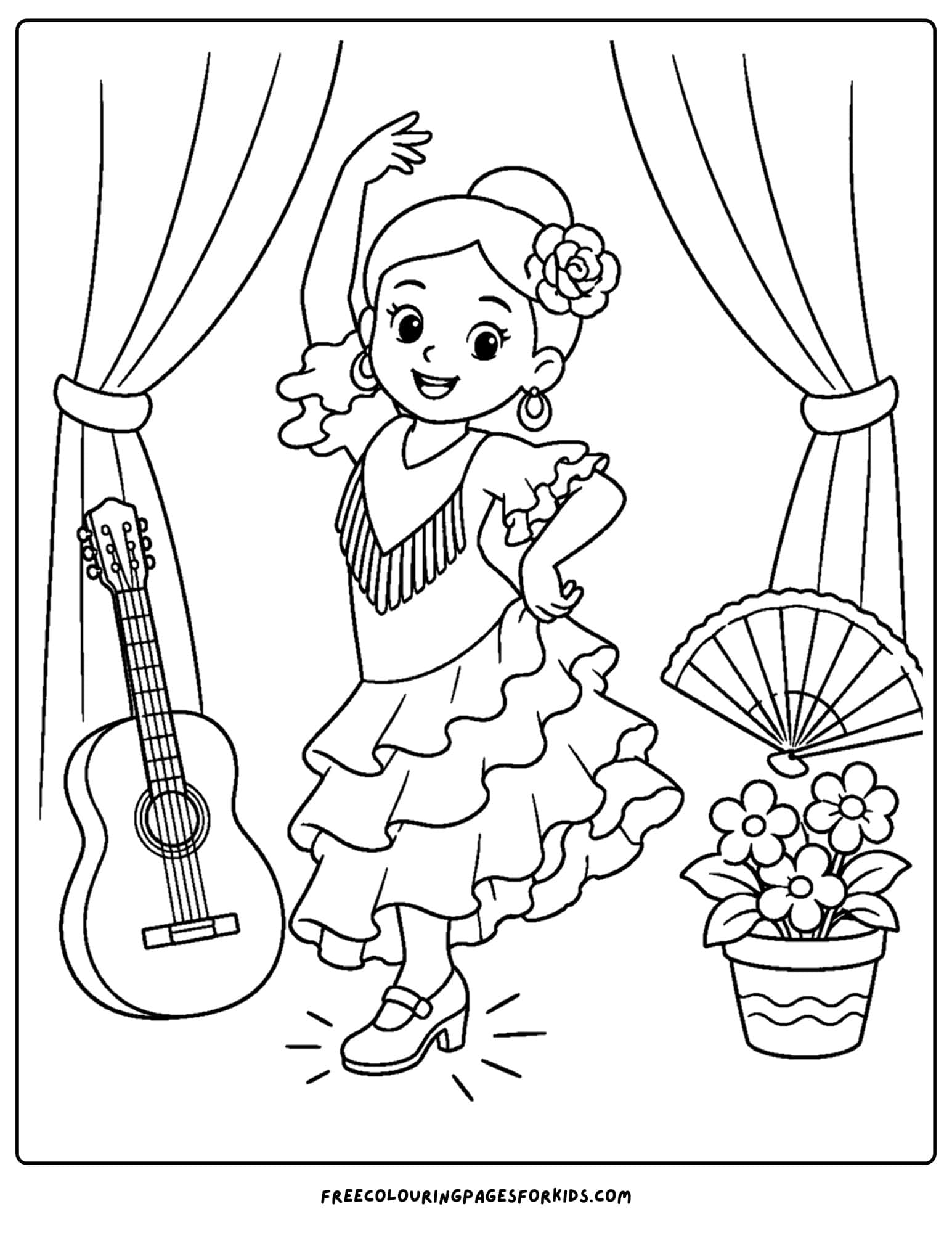 a dancing themed coloring page showing a flamenco dancer with guitar on stage