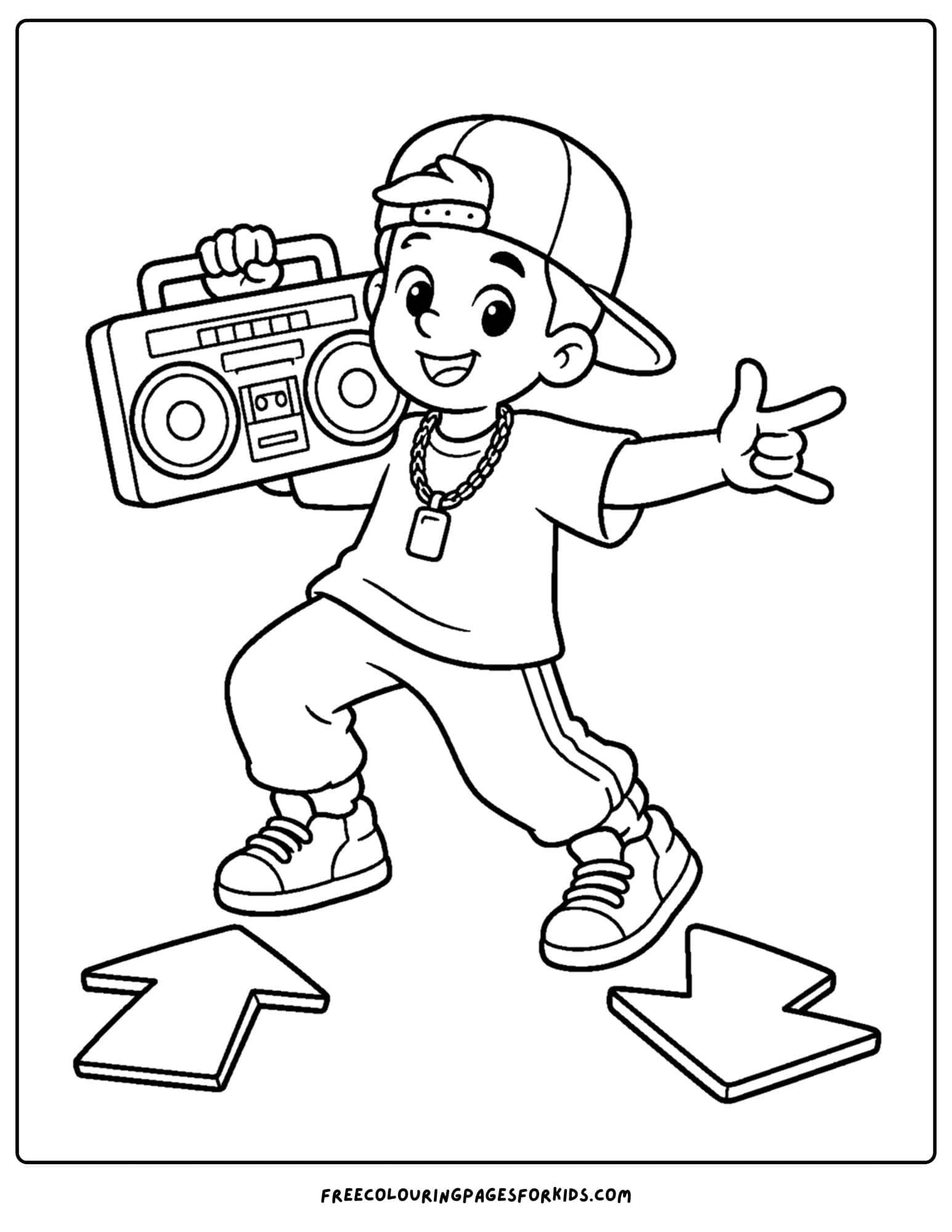 a dancing themed coloring page showing a child in a hip hop pose