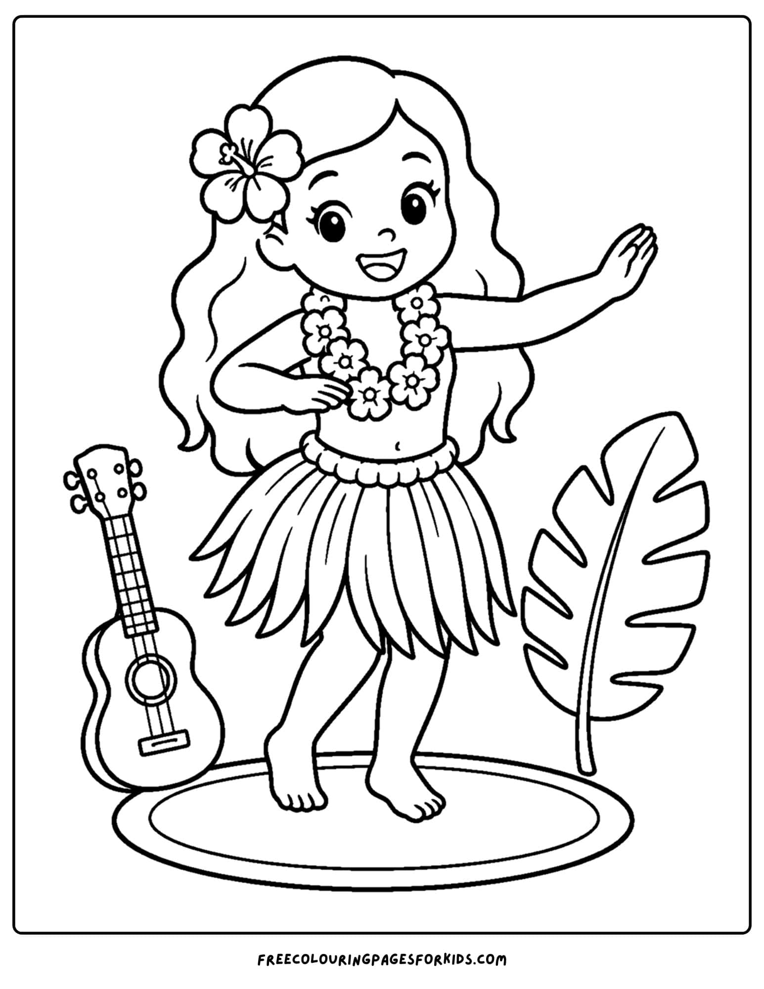 a dancing themed coloring page showing a hula dancer performing