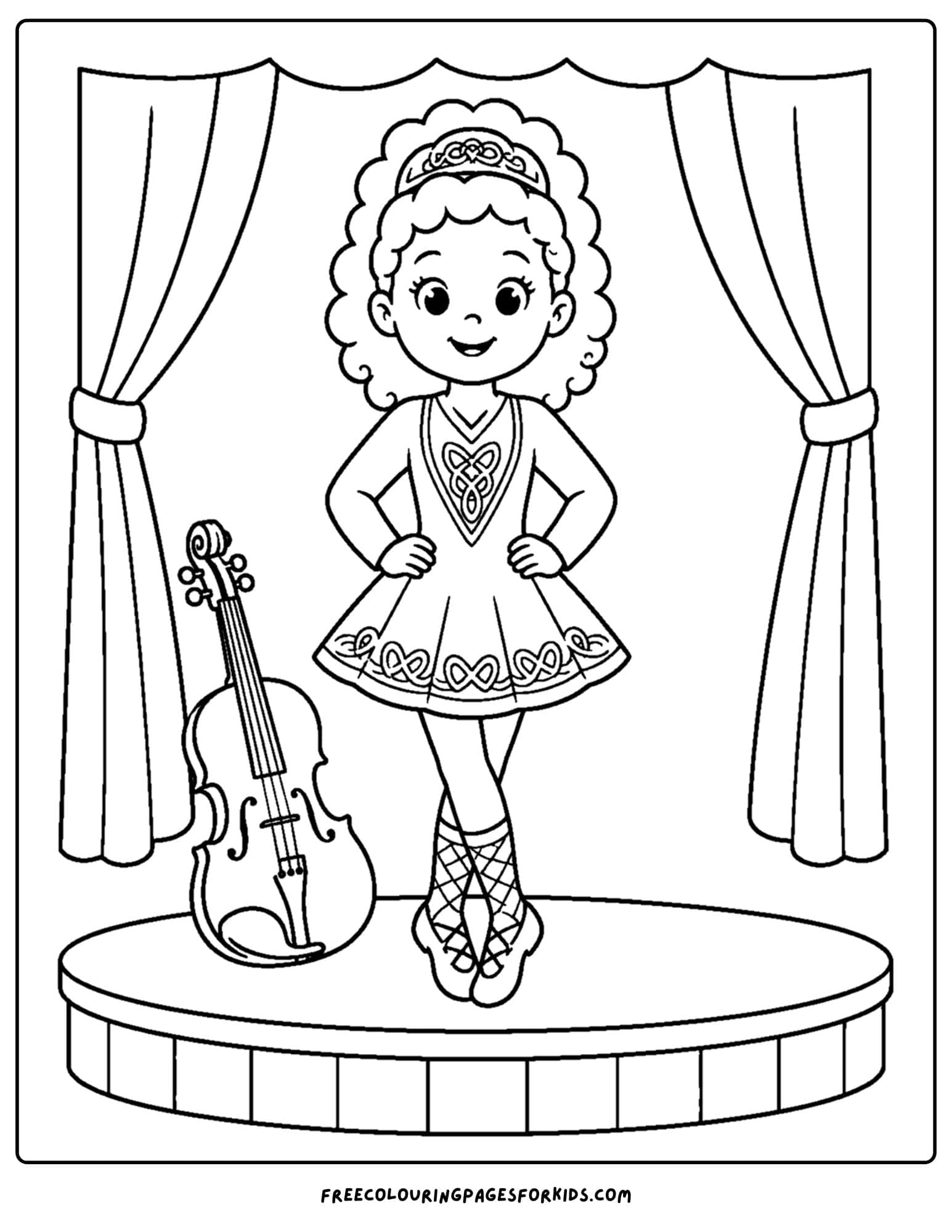 a dancing themed coloring page showing a girl performing an irish jig