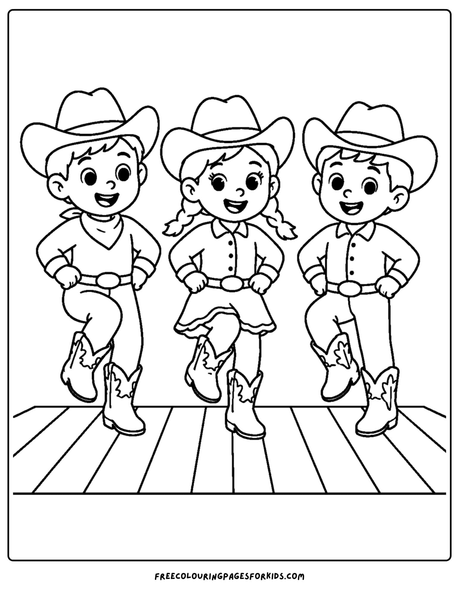 a dancing themed coloring page showing a group of kids line dancing