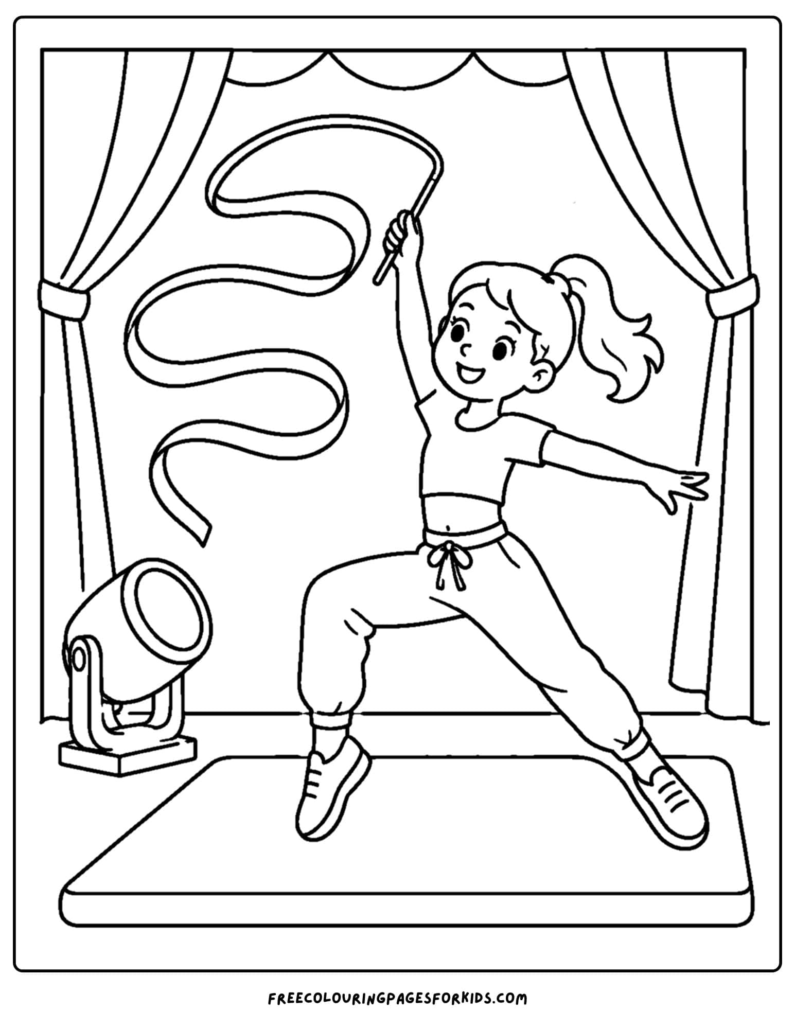 a dancing themed coloring page showing a dancer performing with a ribbon