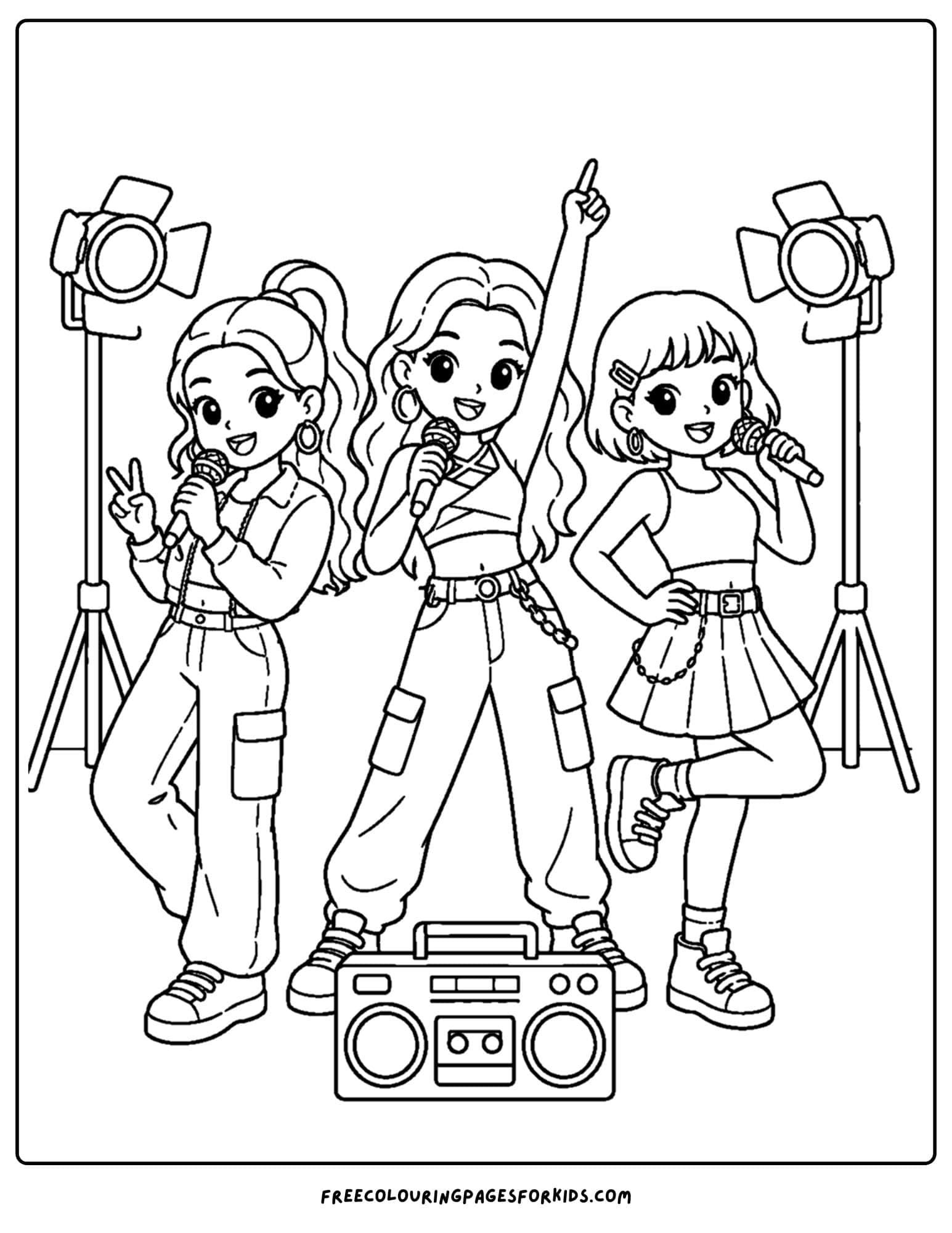 a dancing themed coloring page showing a kpop dance group