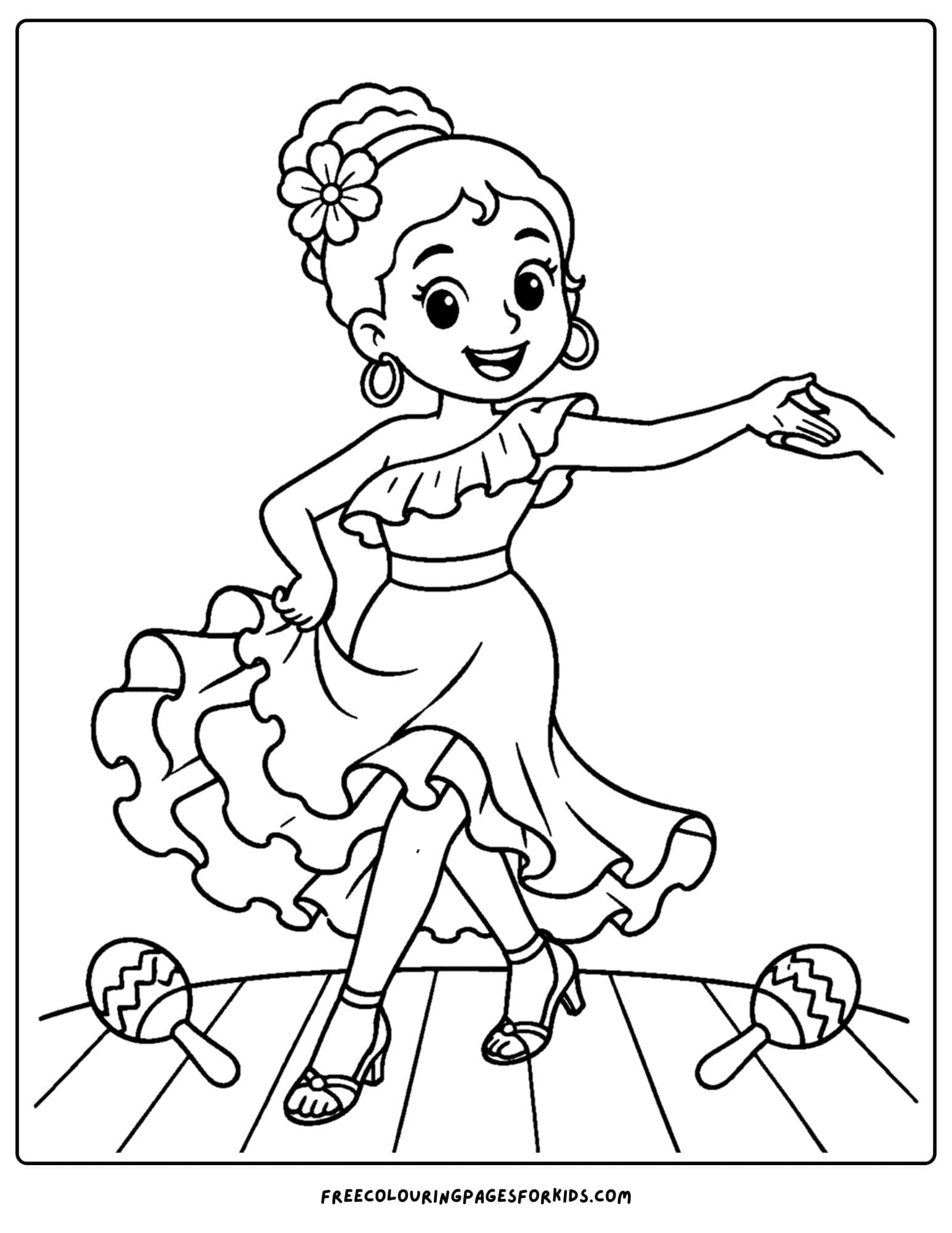 a dancing themed coloring page showing a salsa dancer about to spin