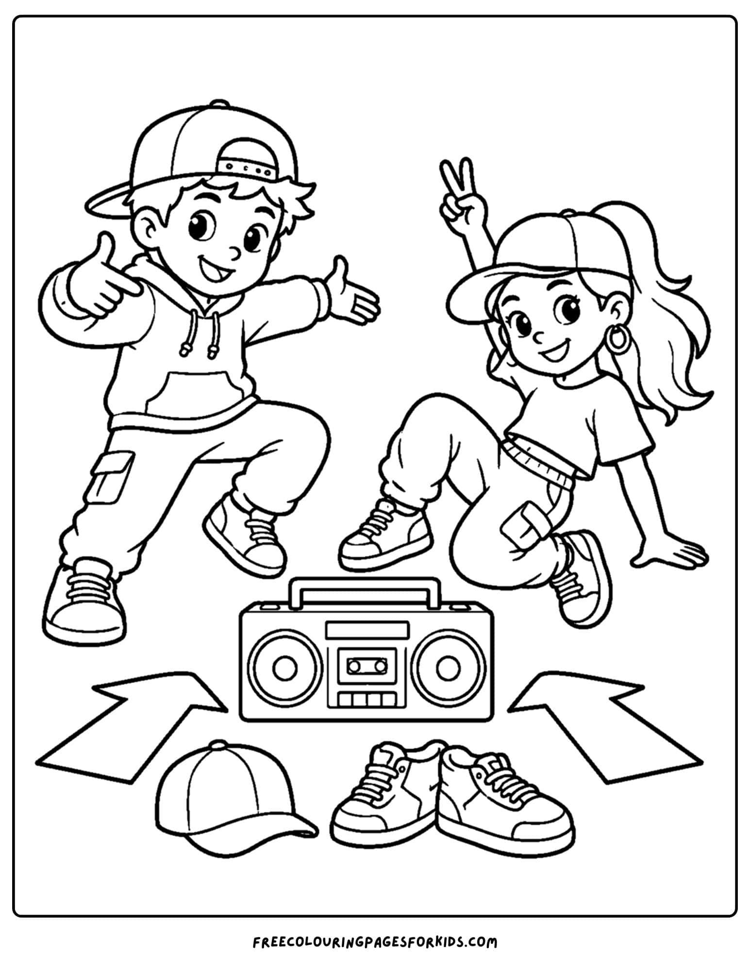 a dancing themed coloring page showing a couple of kids street dancing