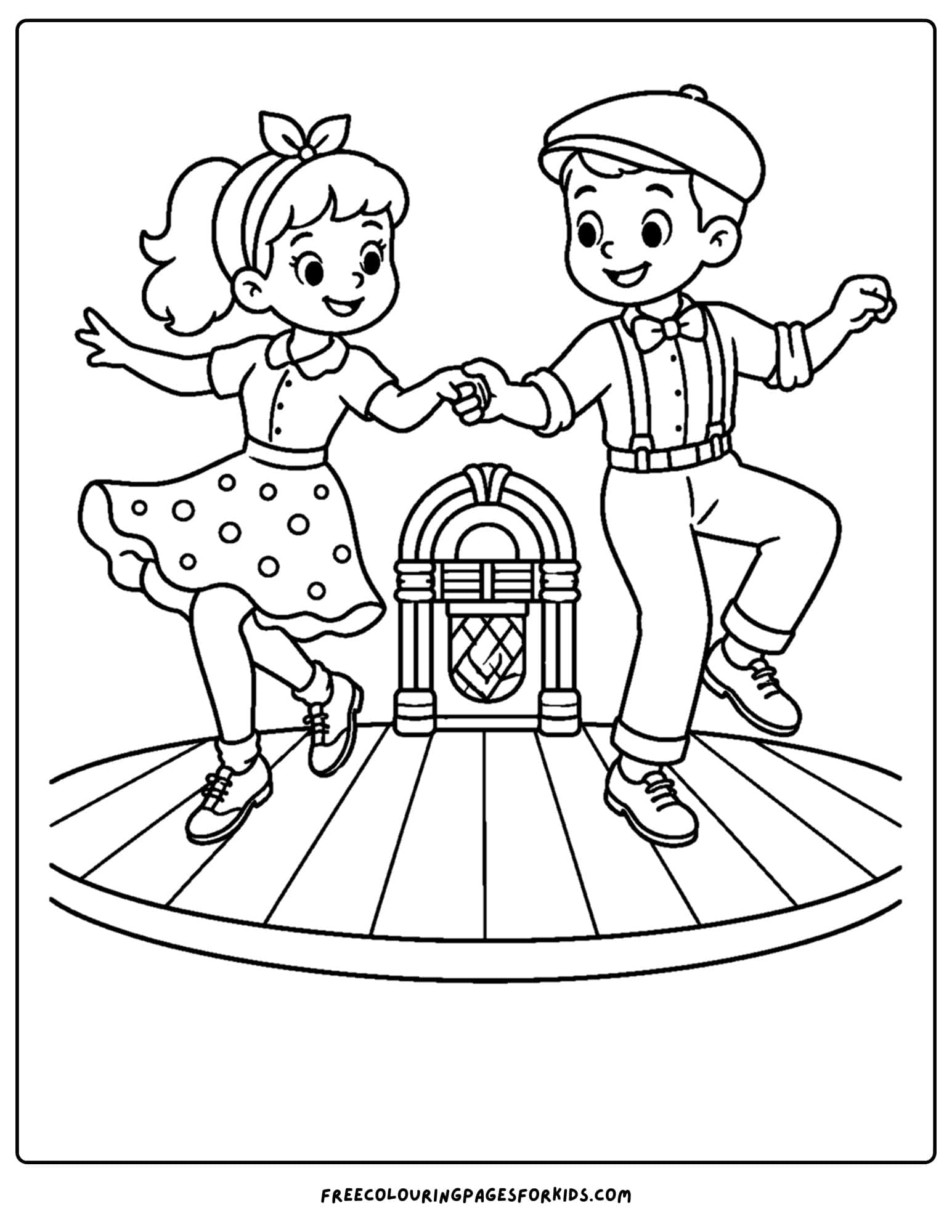 a dancing themed coloring page showing a couple swing dancing