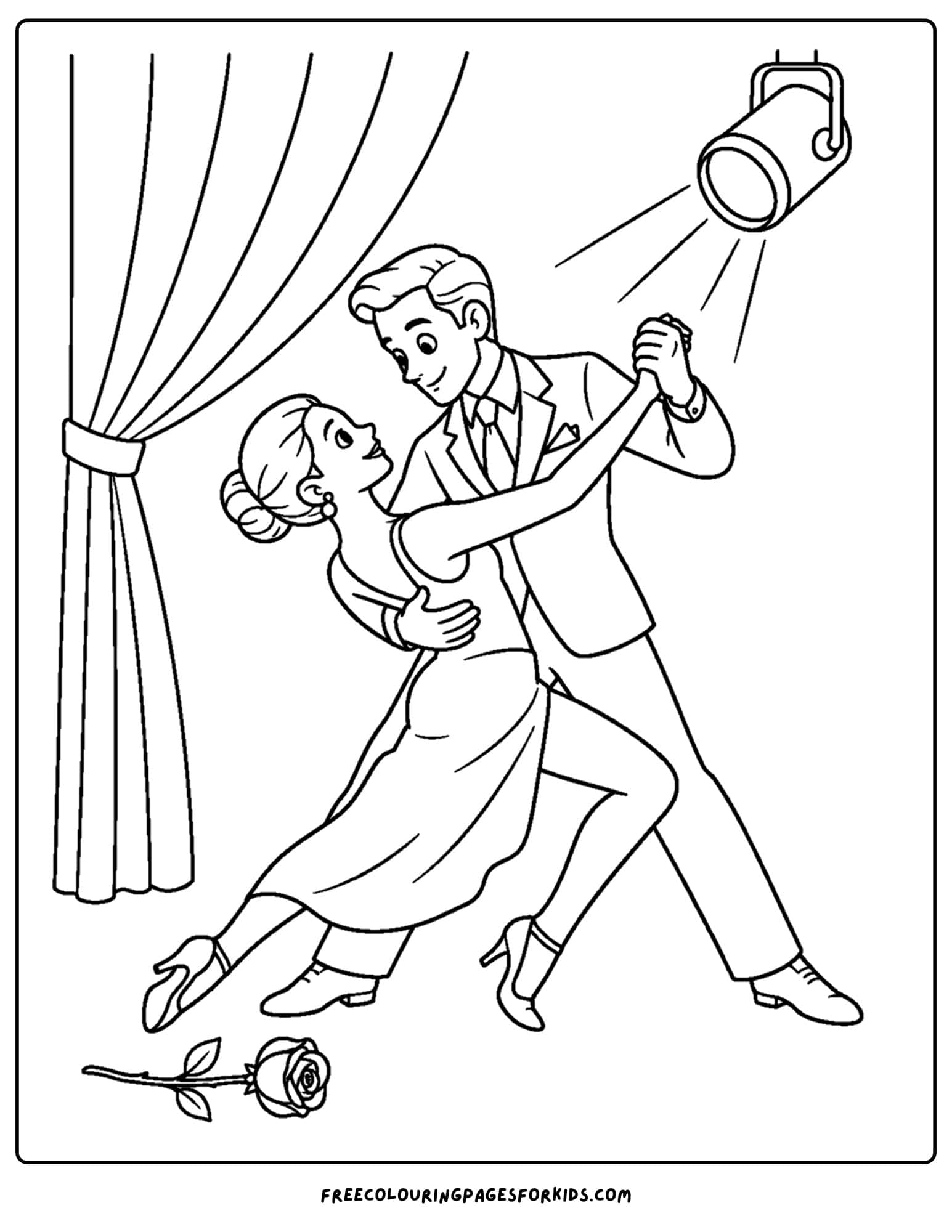 a dancing themed coloring page showing a couple performing the tango