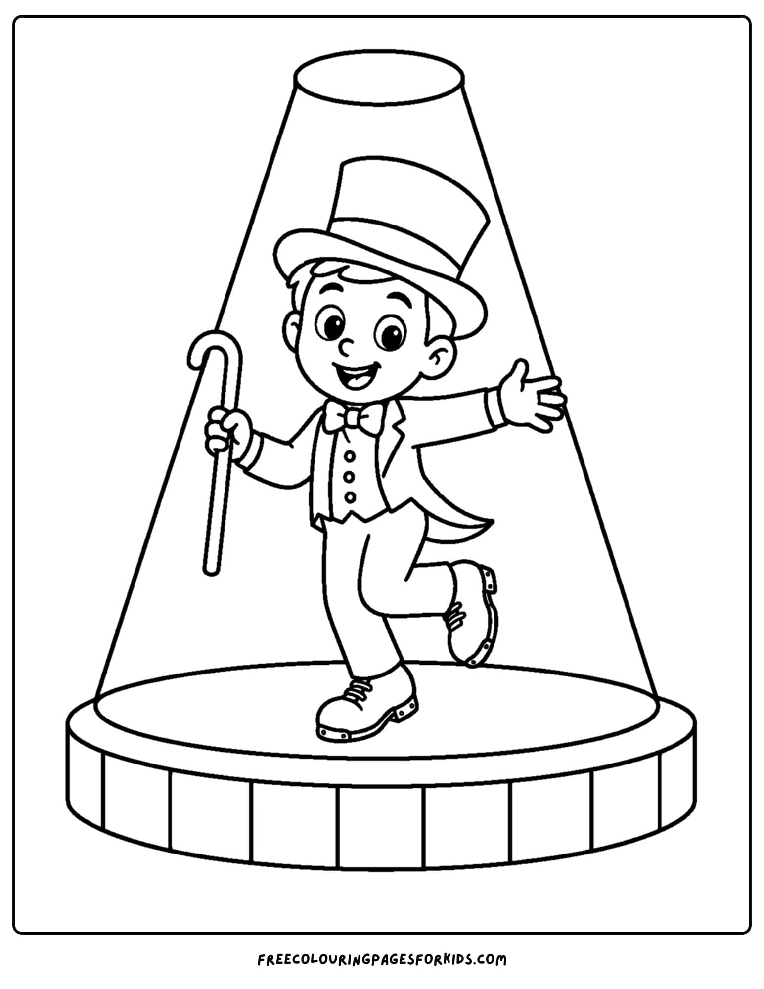 a dancing themed coloring page showing a dancer in the spotlight on stage with a top had and cane