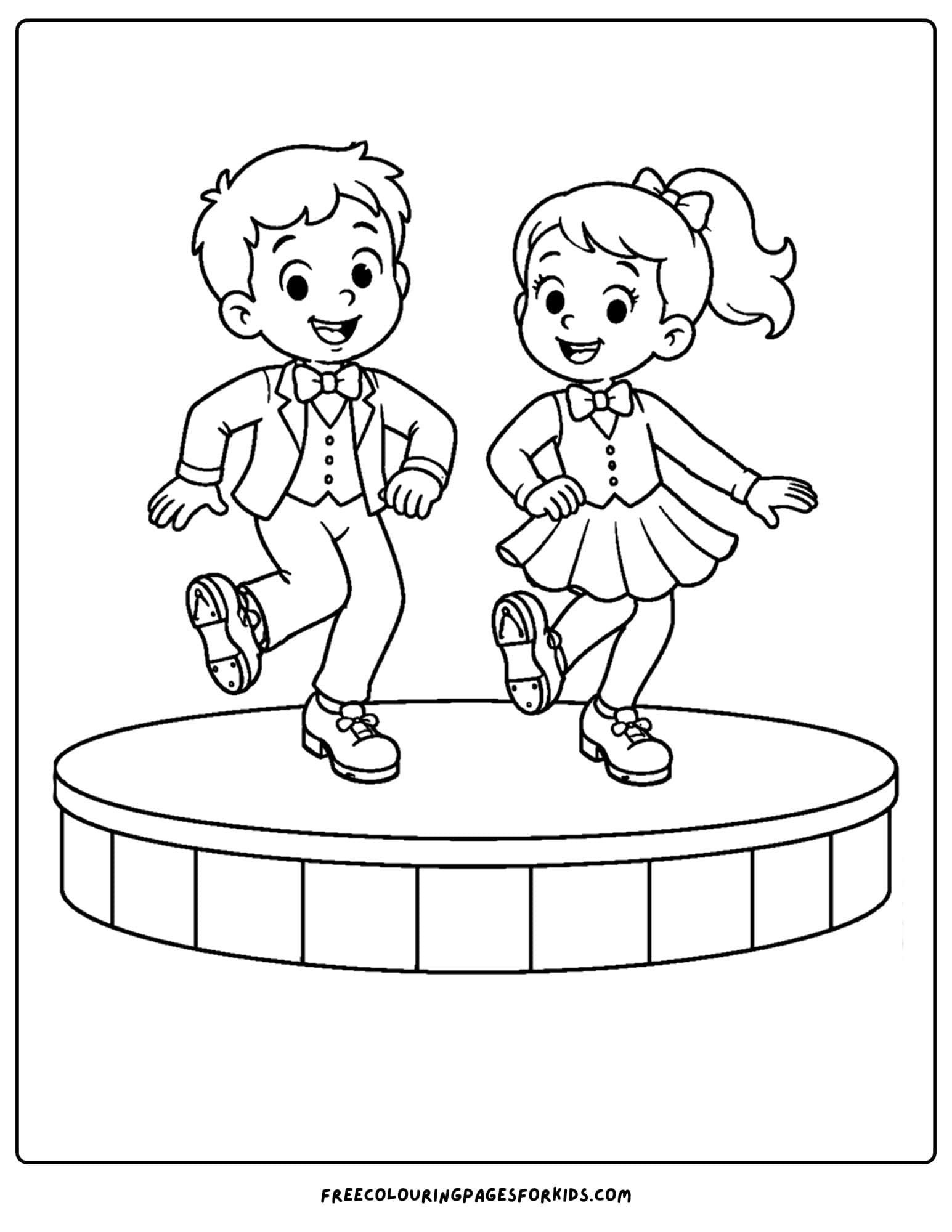 a dancing themed coloring page showing a couple of kids tap dancing