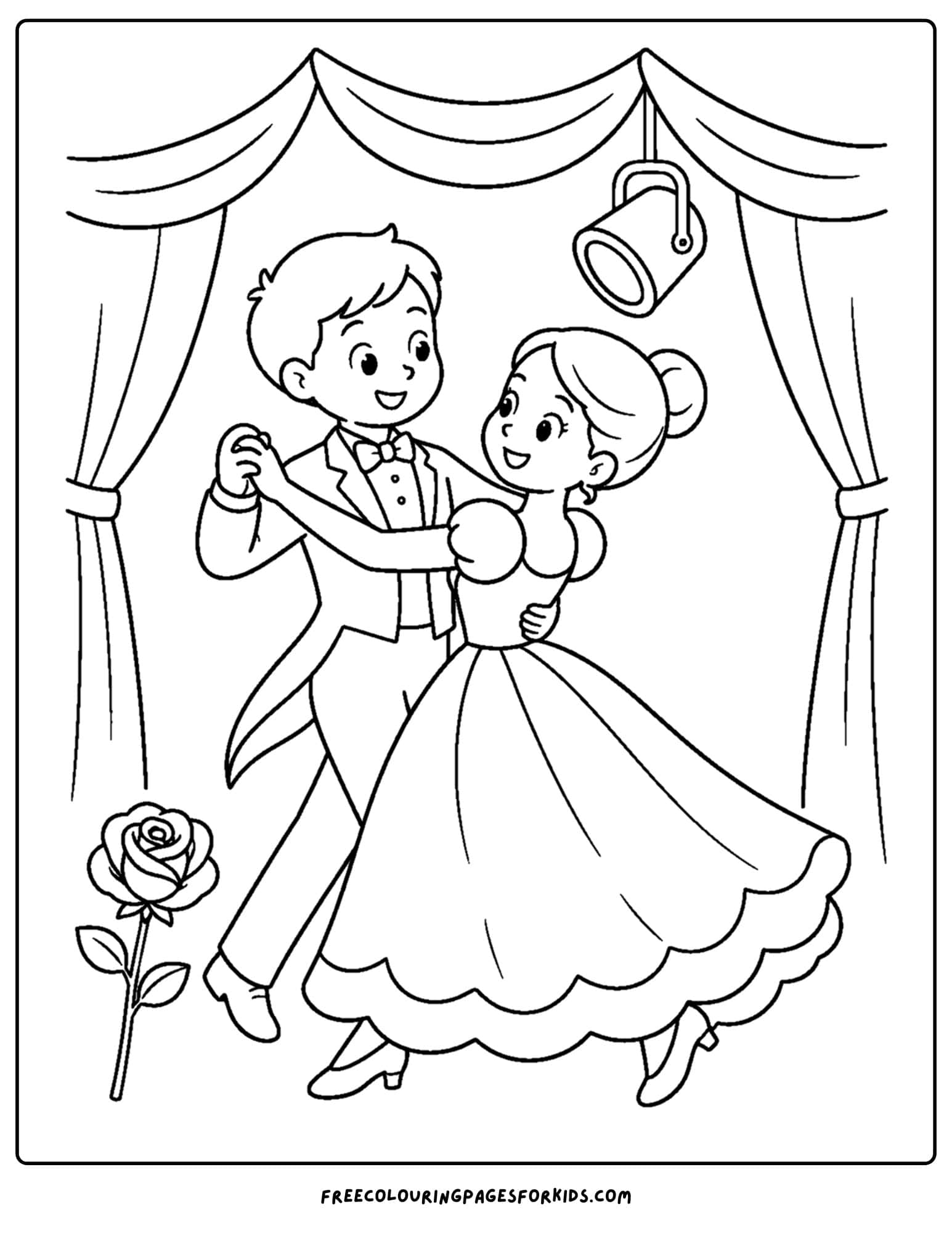 a dancing themed coloring page showing a couple performing the waltz