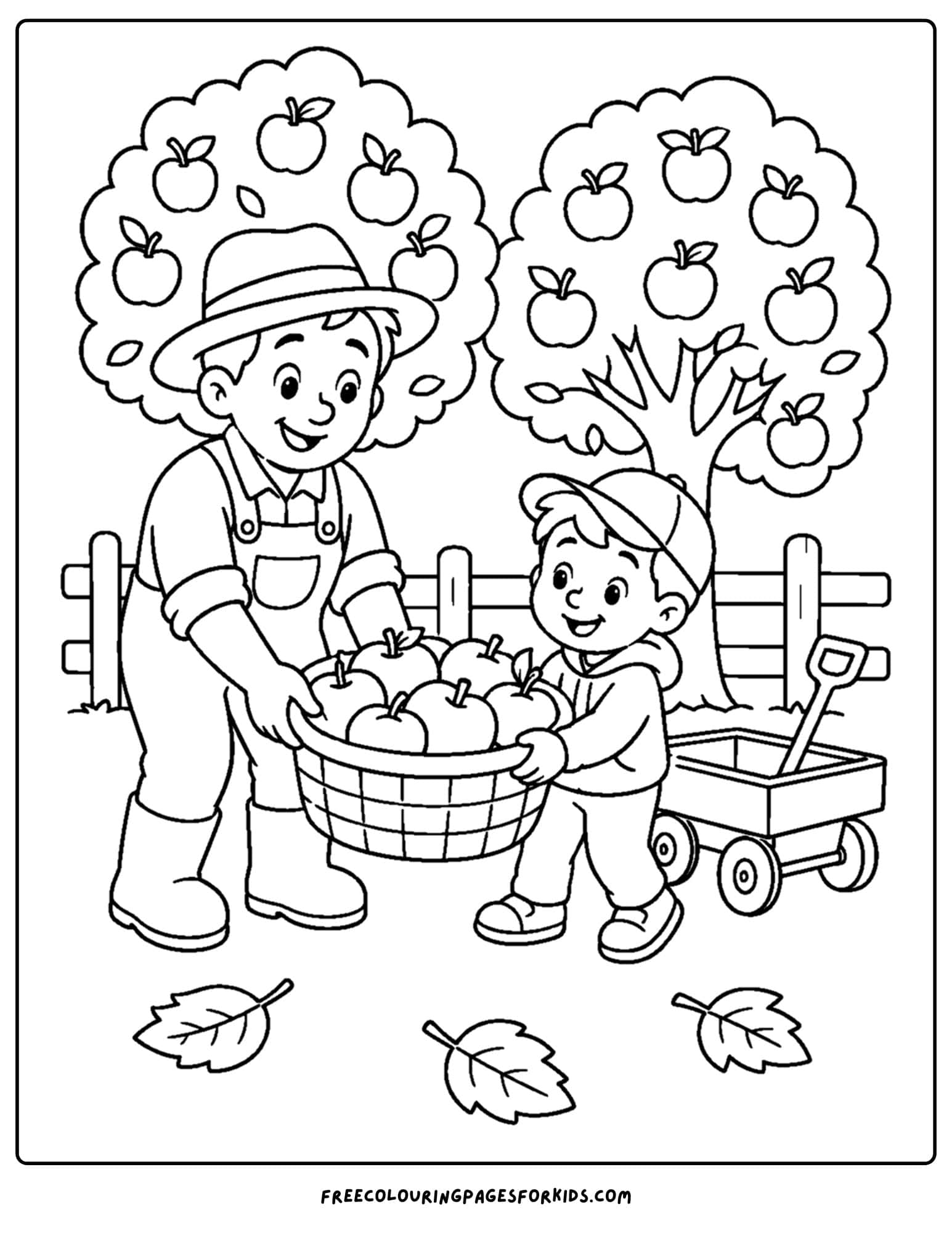a harvest coloring page showing a farmer and child with a big basket of fresh picked apples